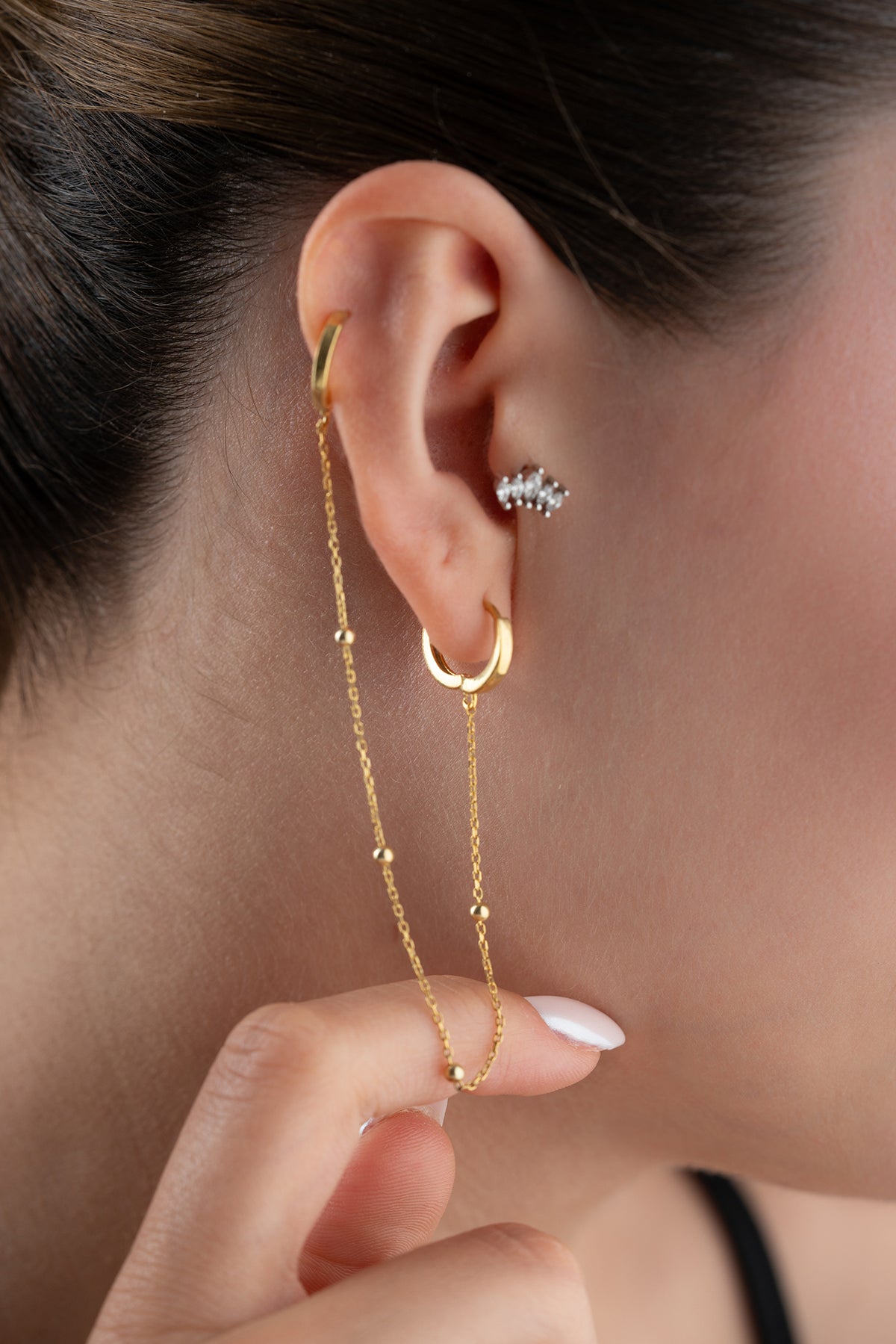 Double Piercing Gold Chain Hoop Earring