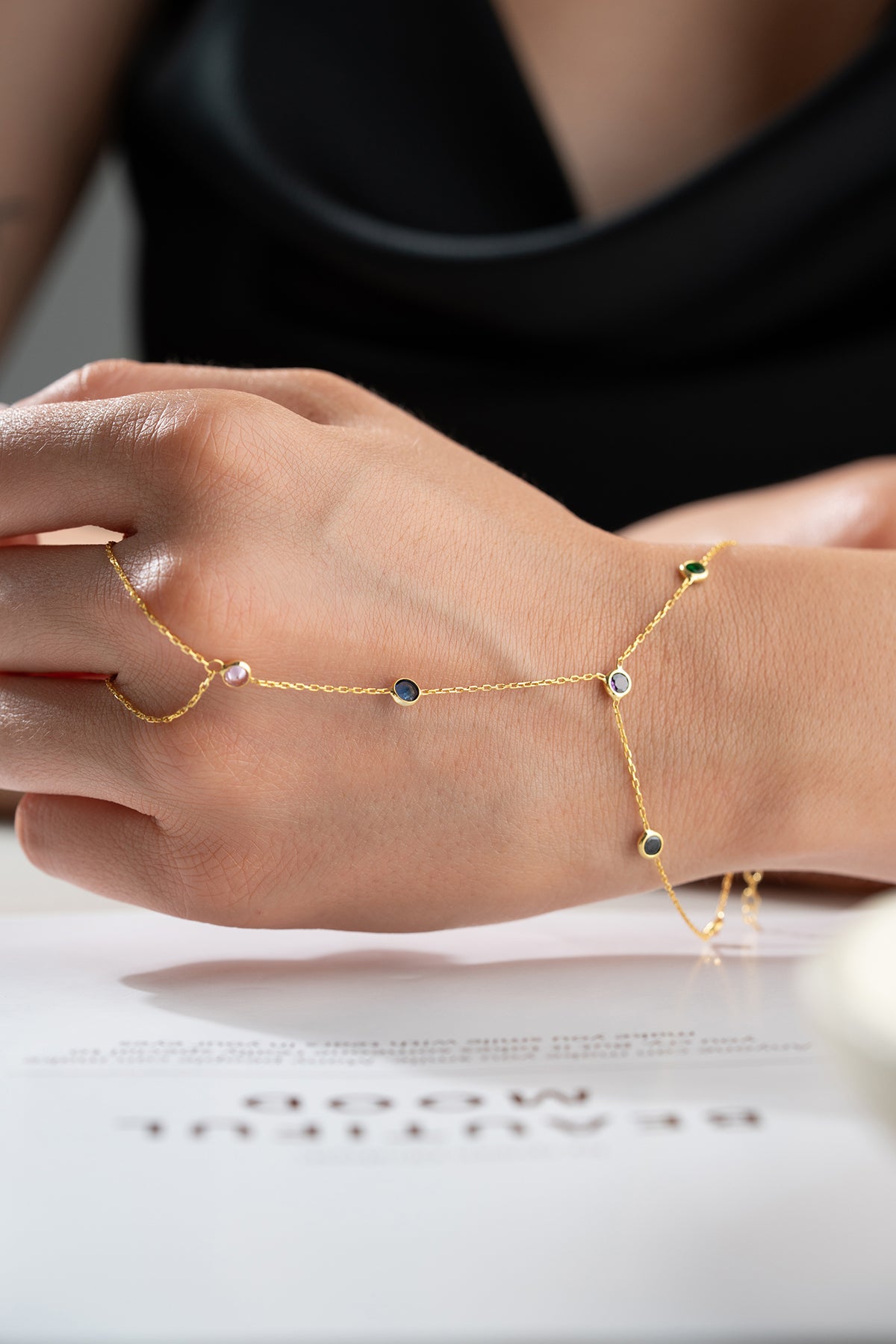 Rainbow Gemstone Gold Hand Chain Bracelet