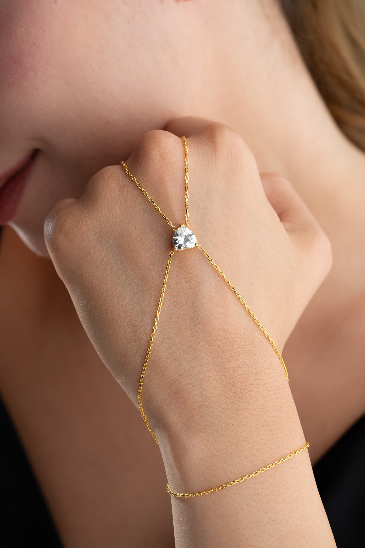 Heart Solitaire Gold Hand Chain Bracelet
