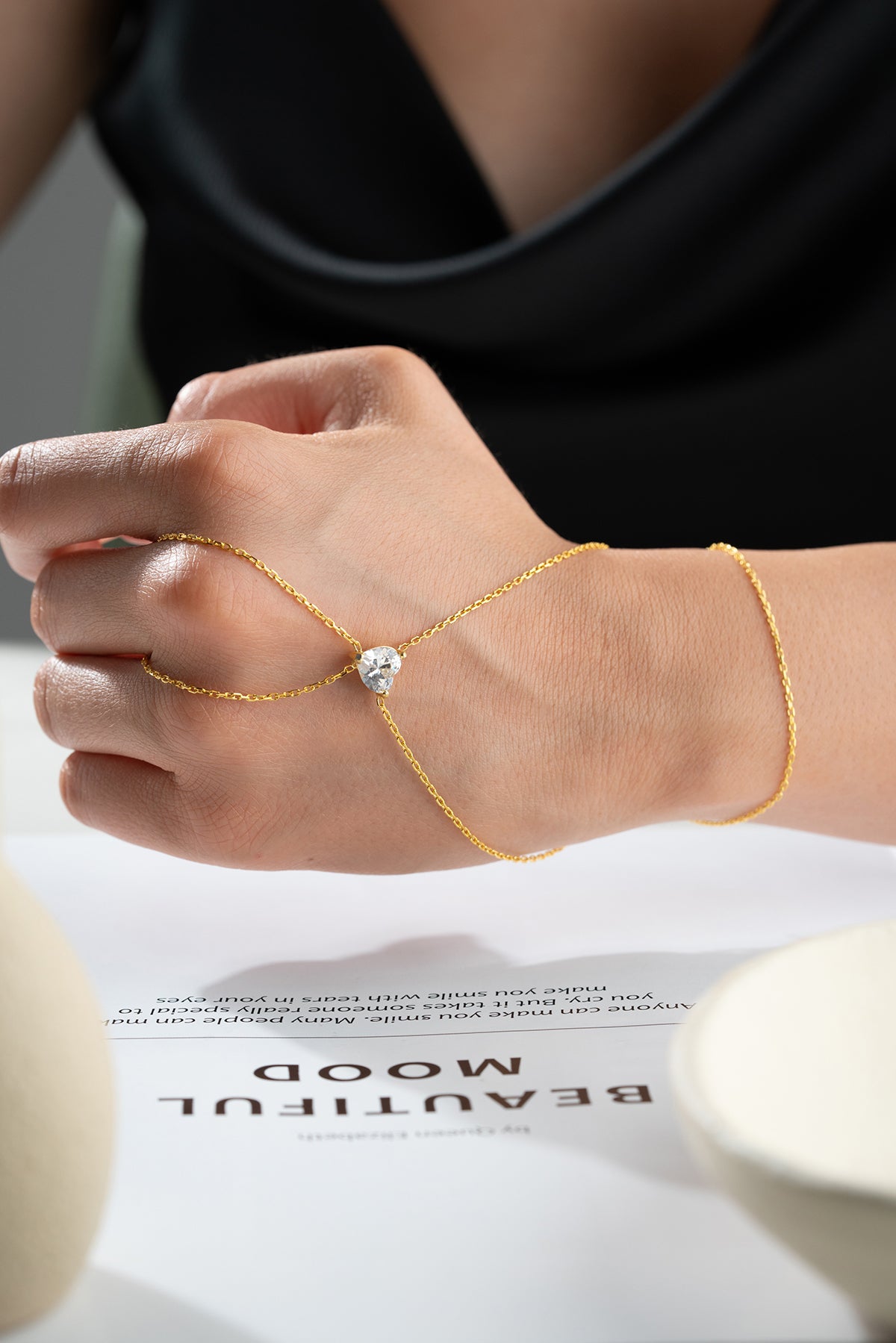 Heart Solitaire Gold Hand Chain Bracelet