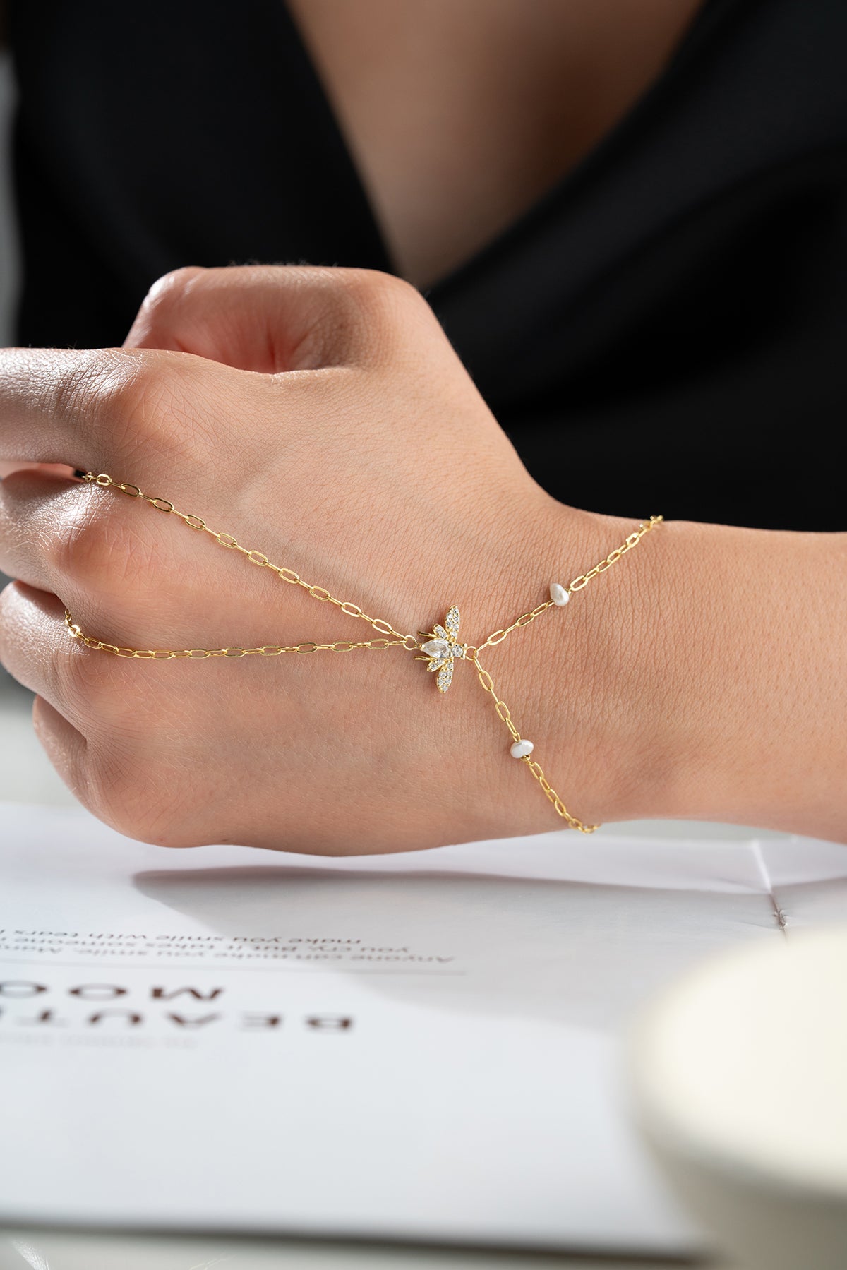 Pearl and Pave Bee Hand Chain