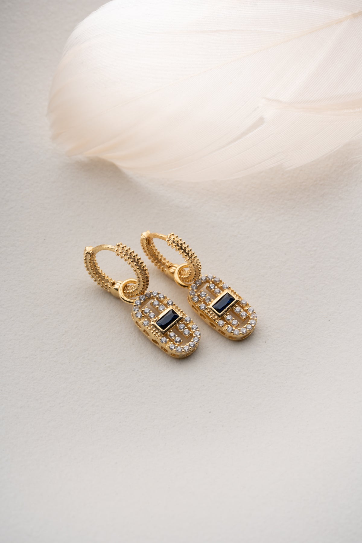 Navy Blue Stone Drop Huggie Earrings