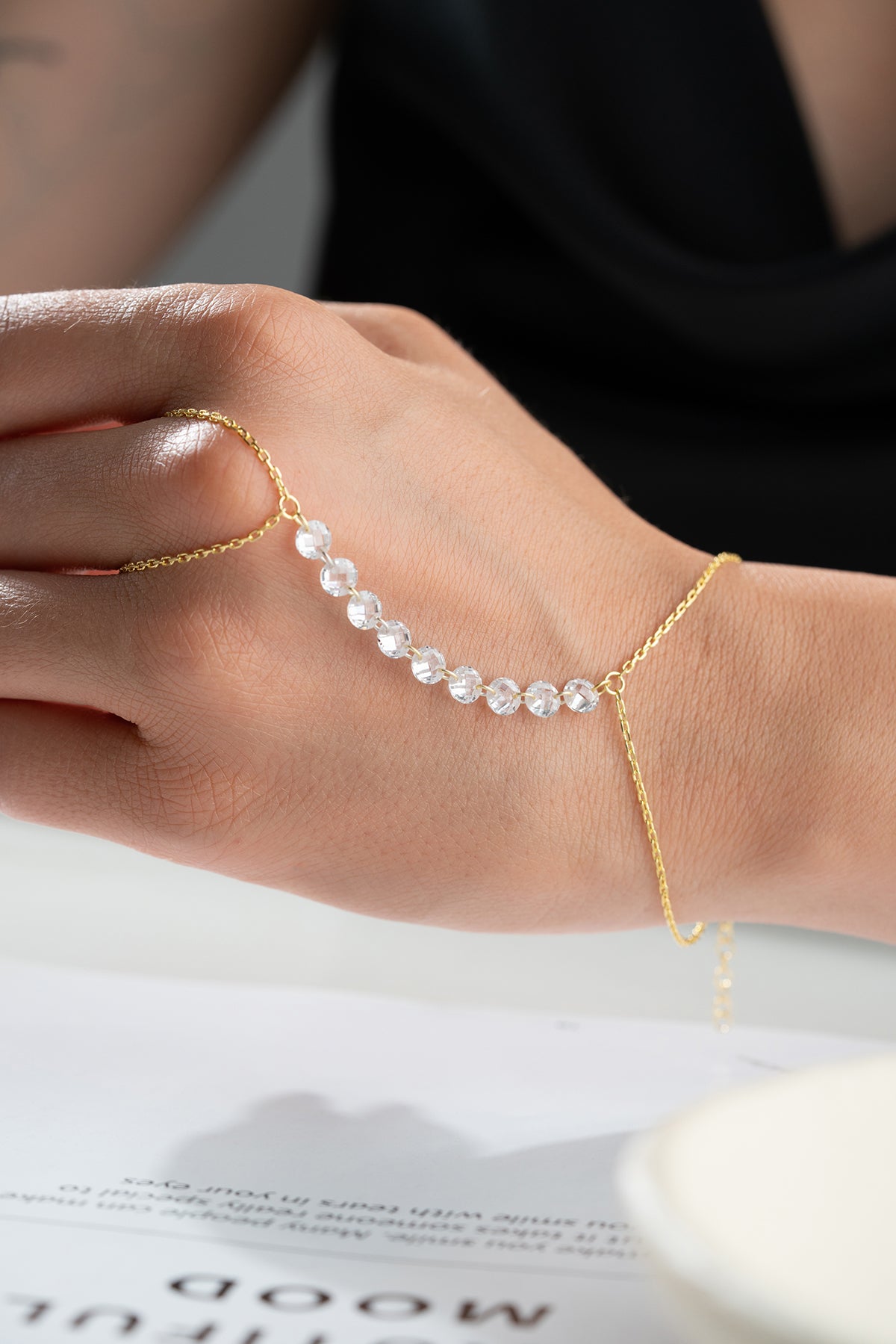 Gold Crystal Bead Hand Chain Bracelet