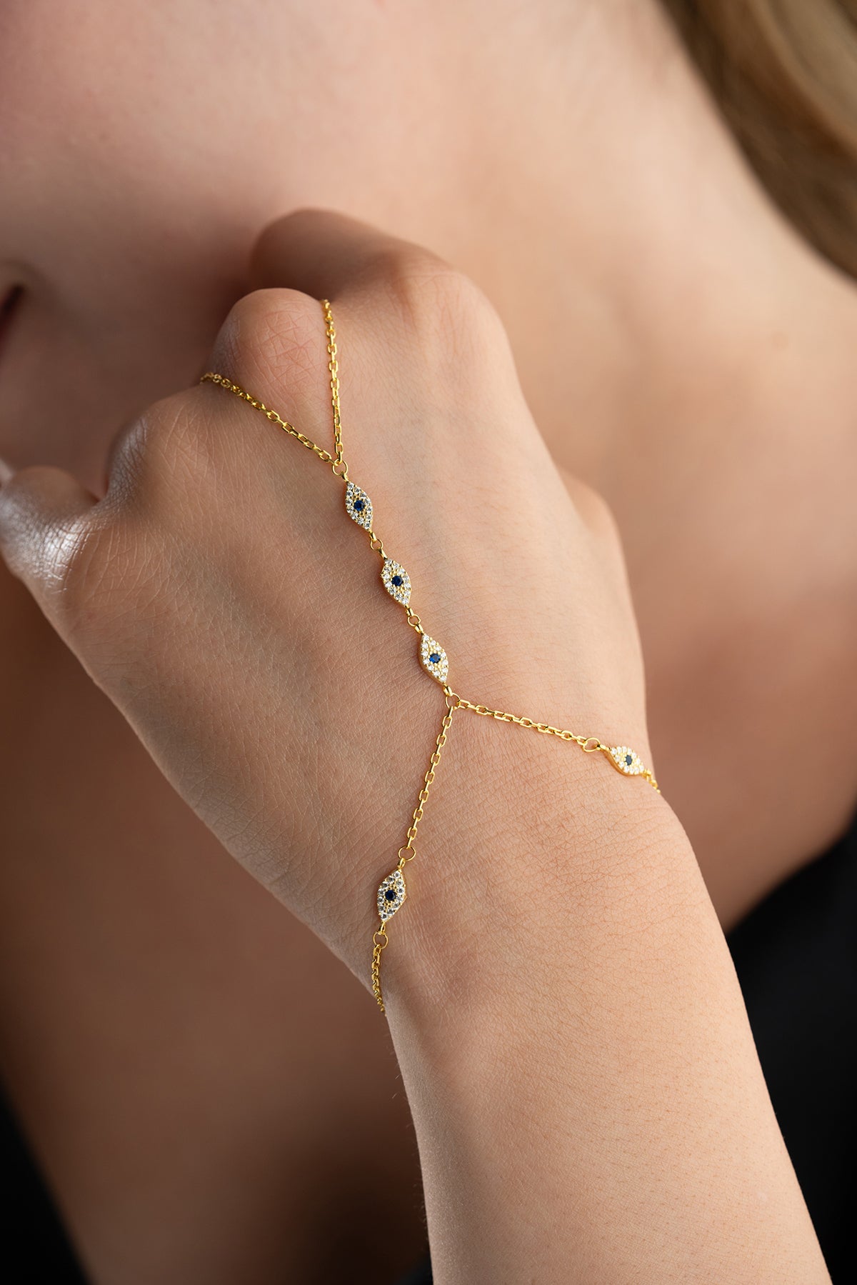 Evil Eye Pave Hand Chain Bracelet