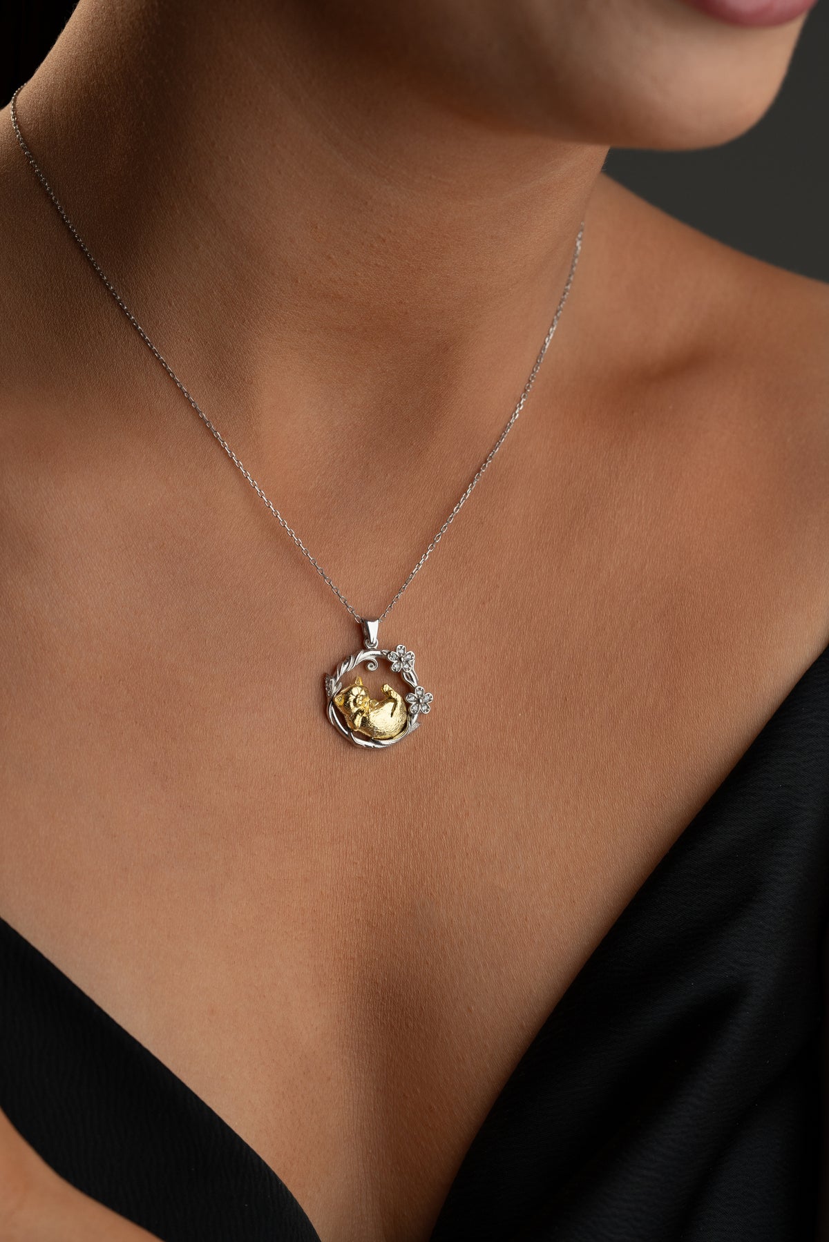 Two Tone Sleeping Cat Pendant Necklace