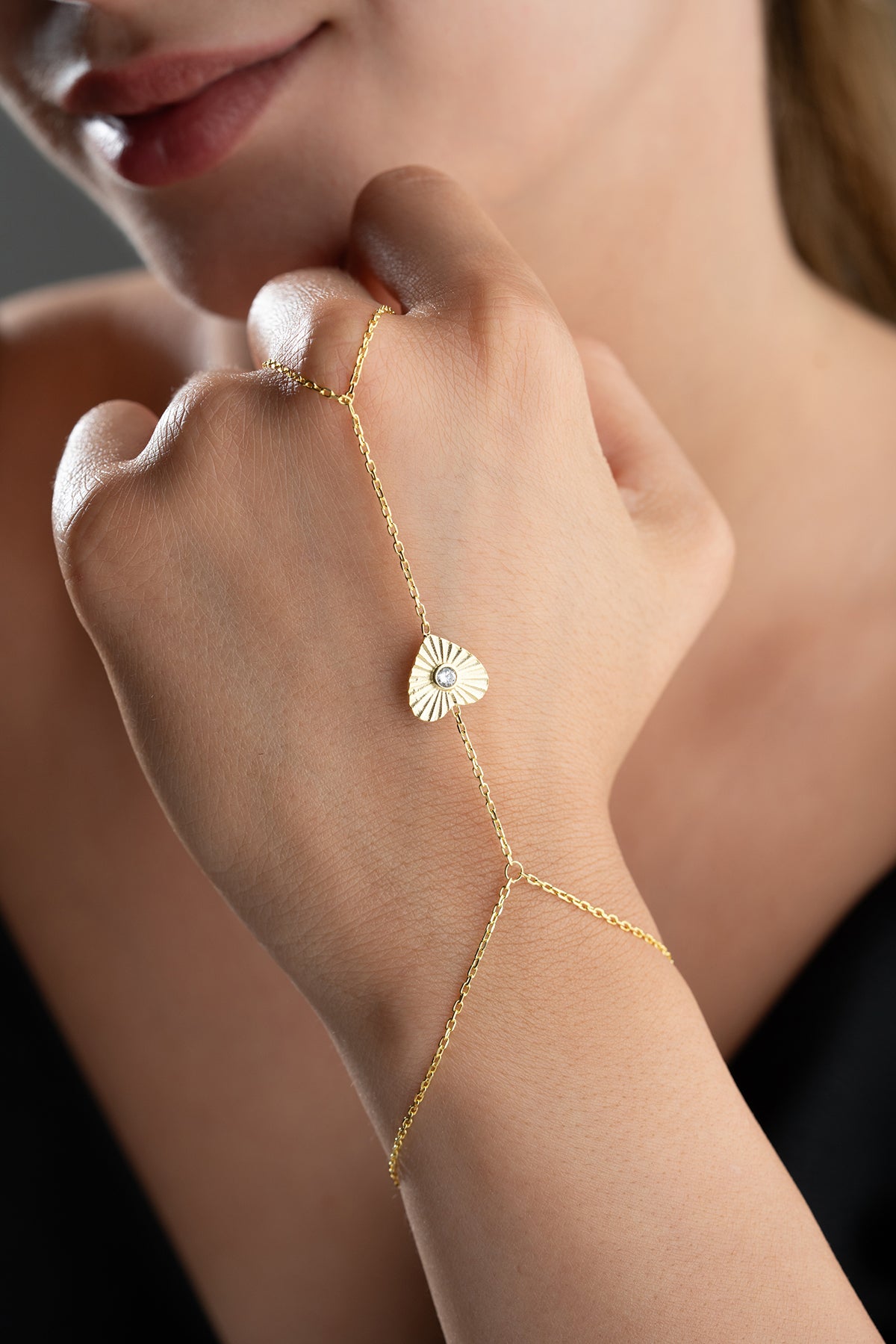 Gold Heart Charm Hand Chain Bracelet