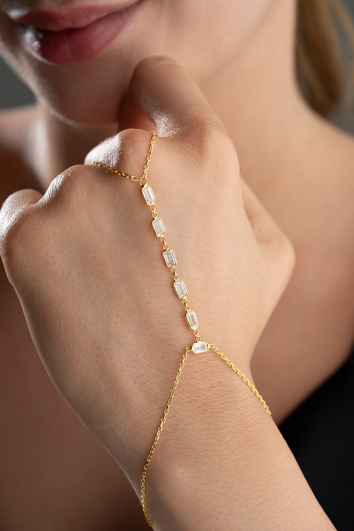 Baguette Crystal Gold Hand Chain Bracelet