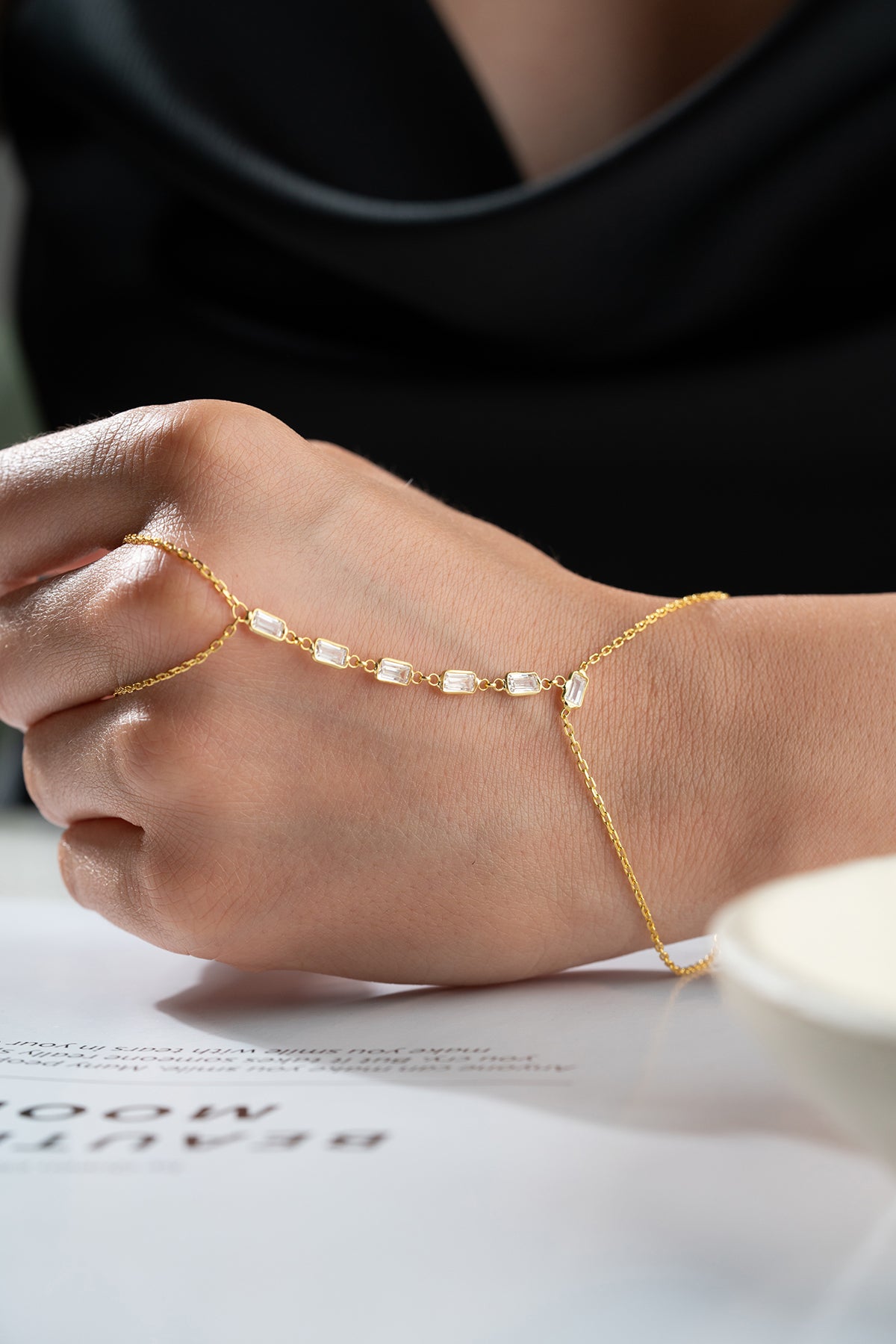 Baguette Crystal Gold Hand Chain Bracelet