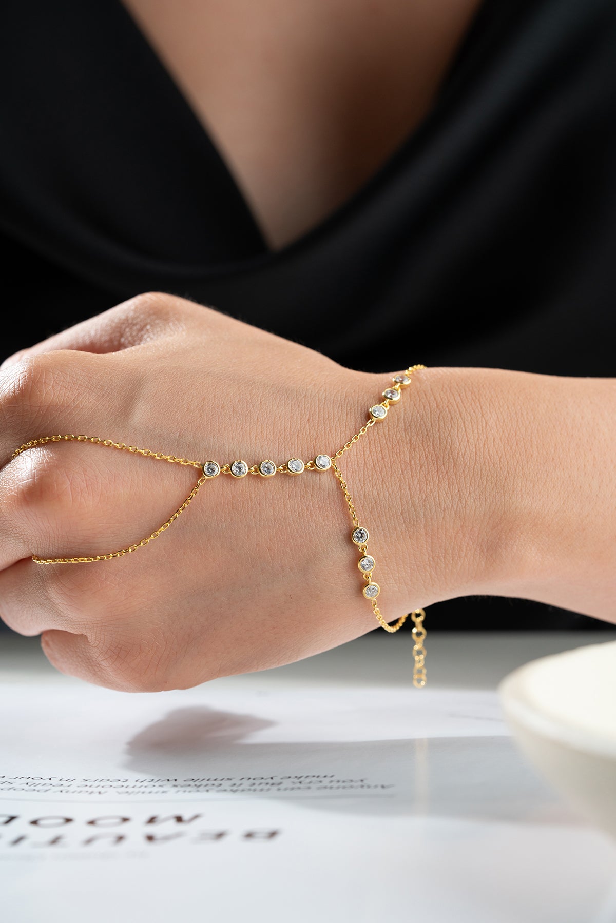Minimalist Round Stone Hand Chain Bracelet