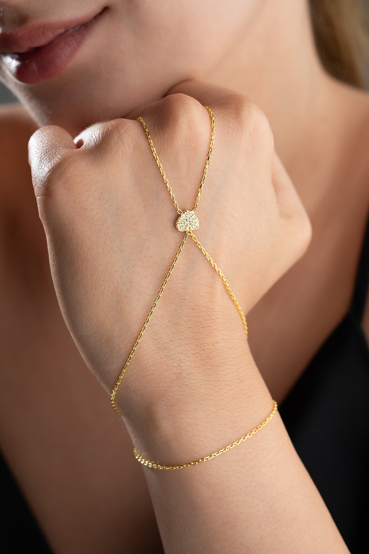 Pave Heart Hand Chain Bracelet