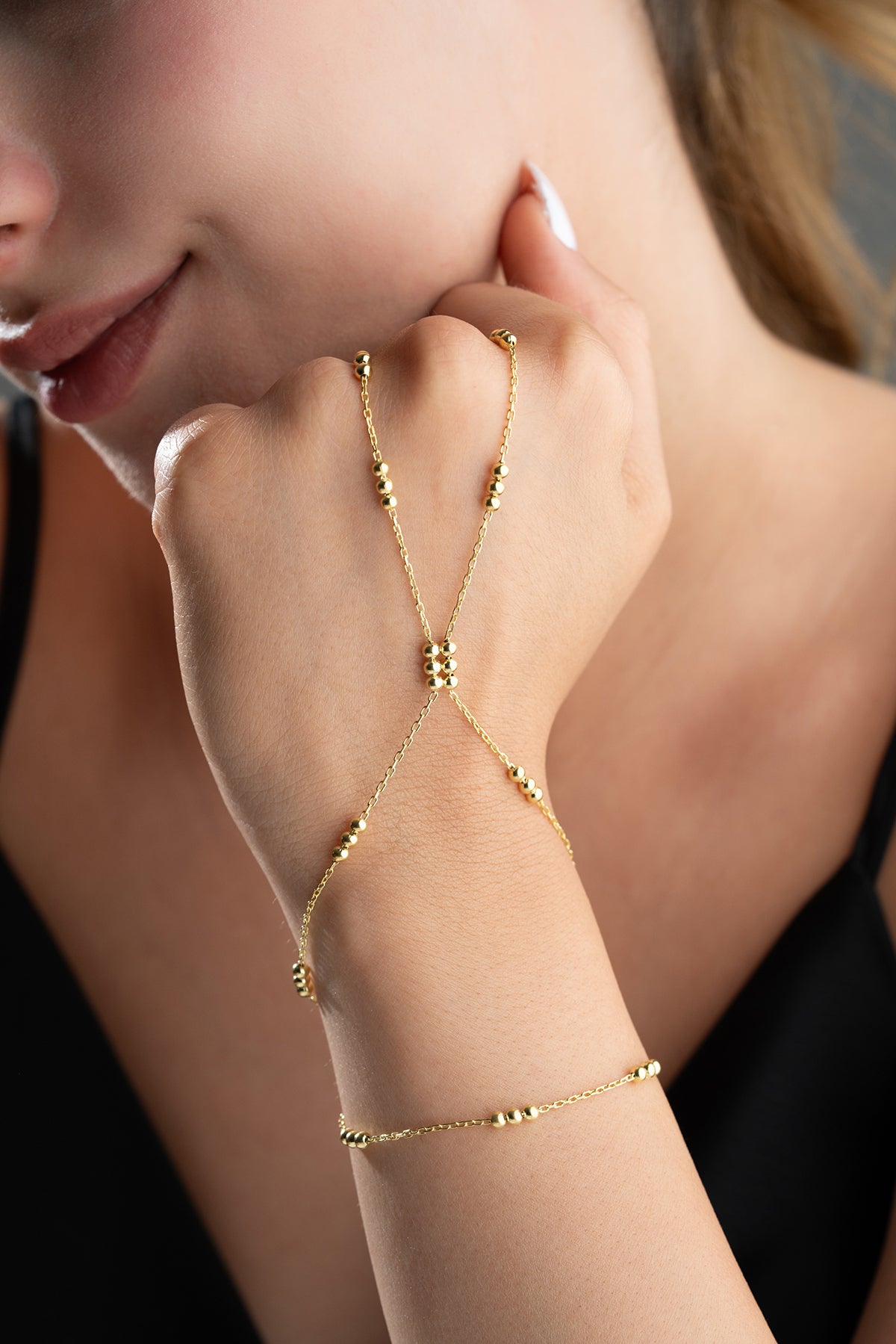 Gold Bead Station Hand Chain