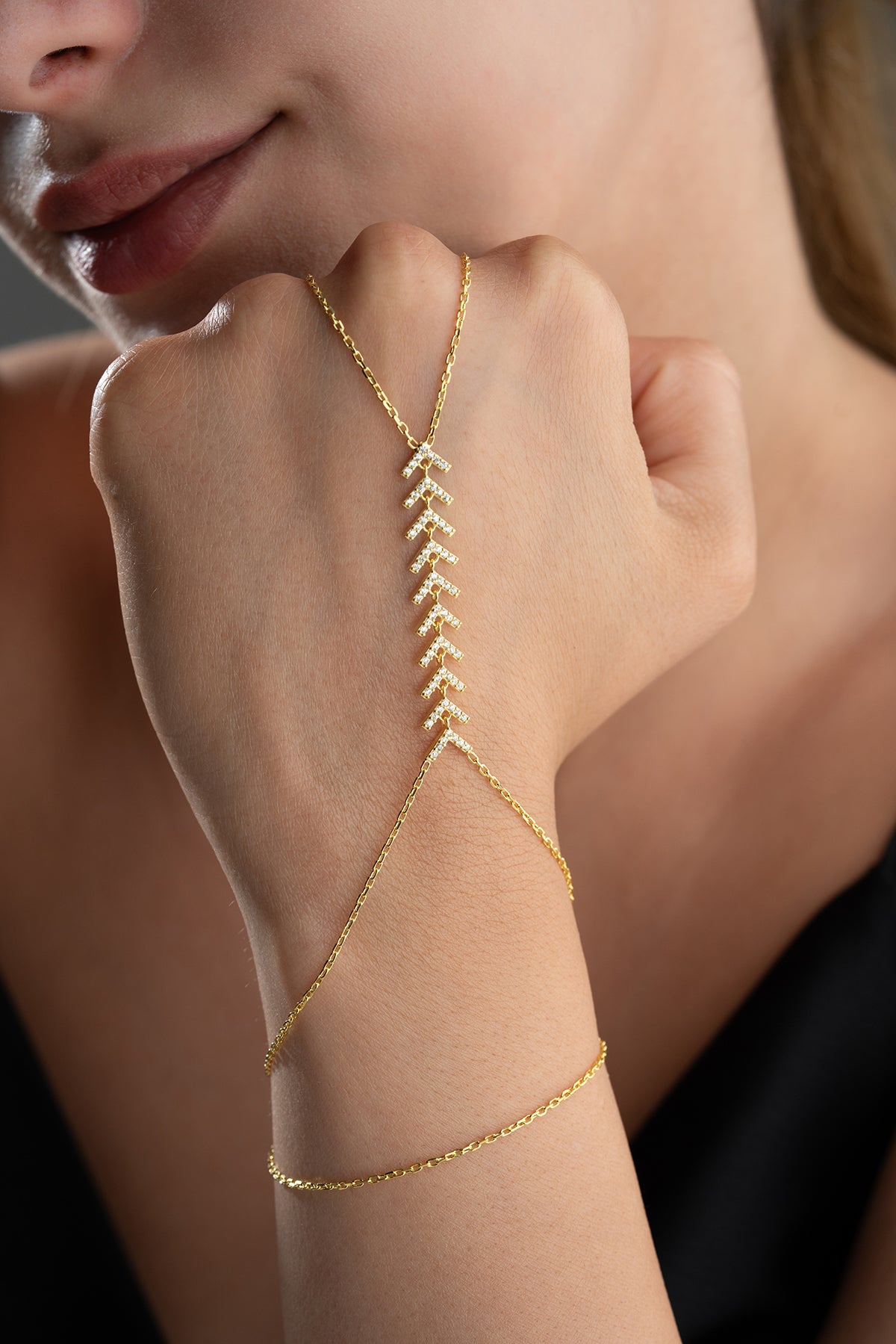 Pave Chevron Hand Chain Bracelet
