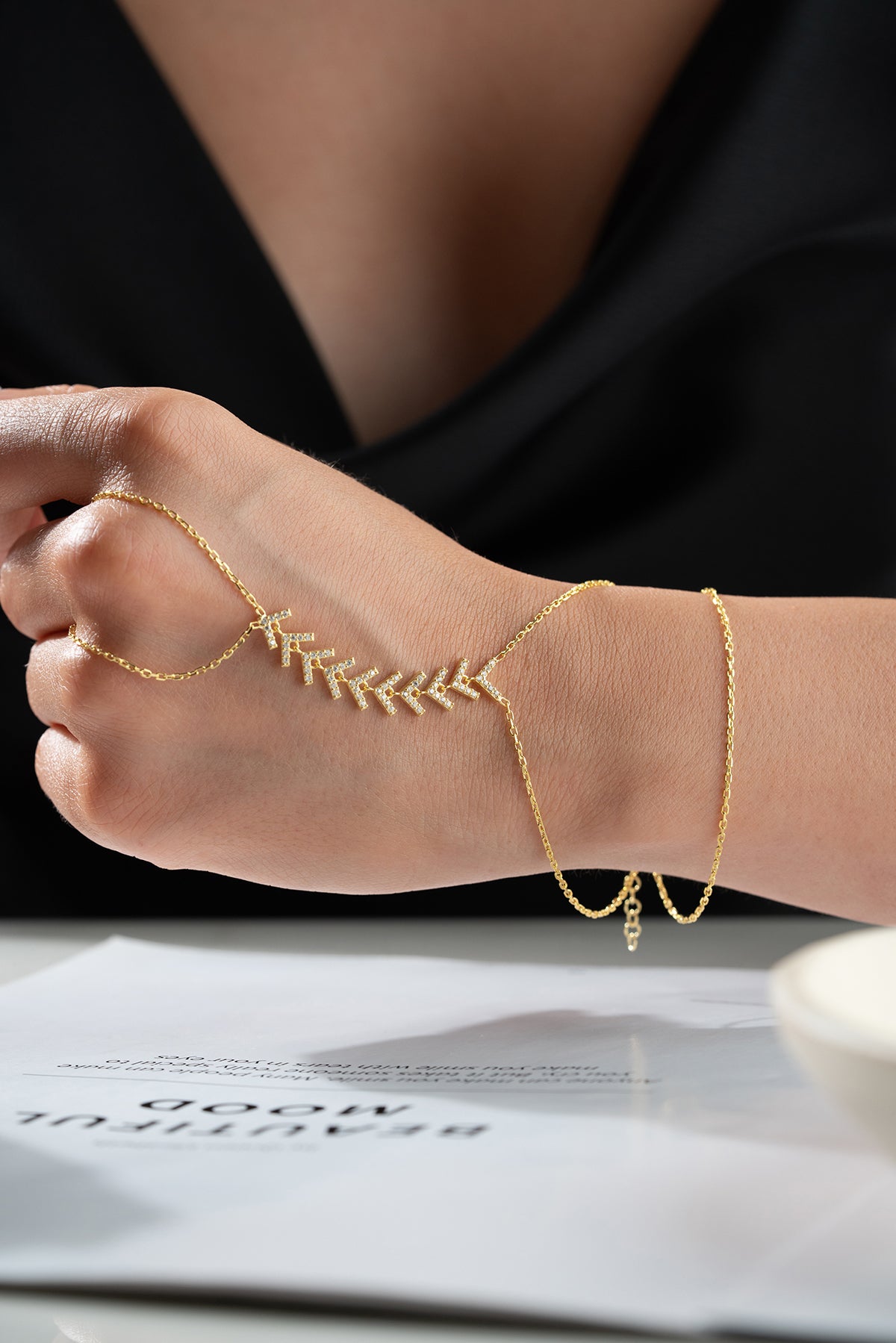 Pave Chevron Hand Chain Bracelet