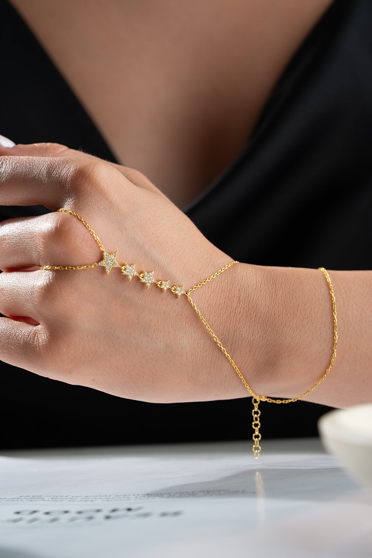 Pave Star Cluster Hand Chain Bracelet
