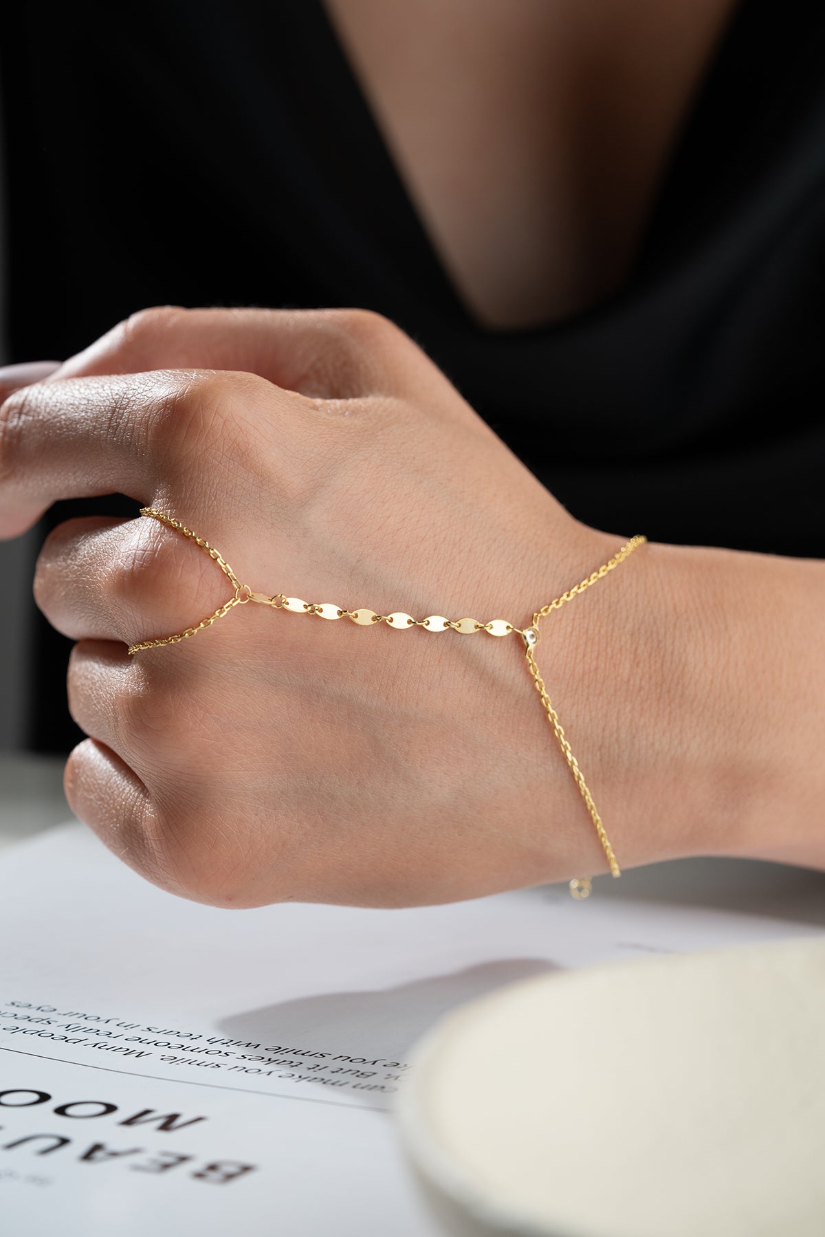 Sequin Chain Crystal Hand Bracelet in Gold