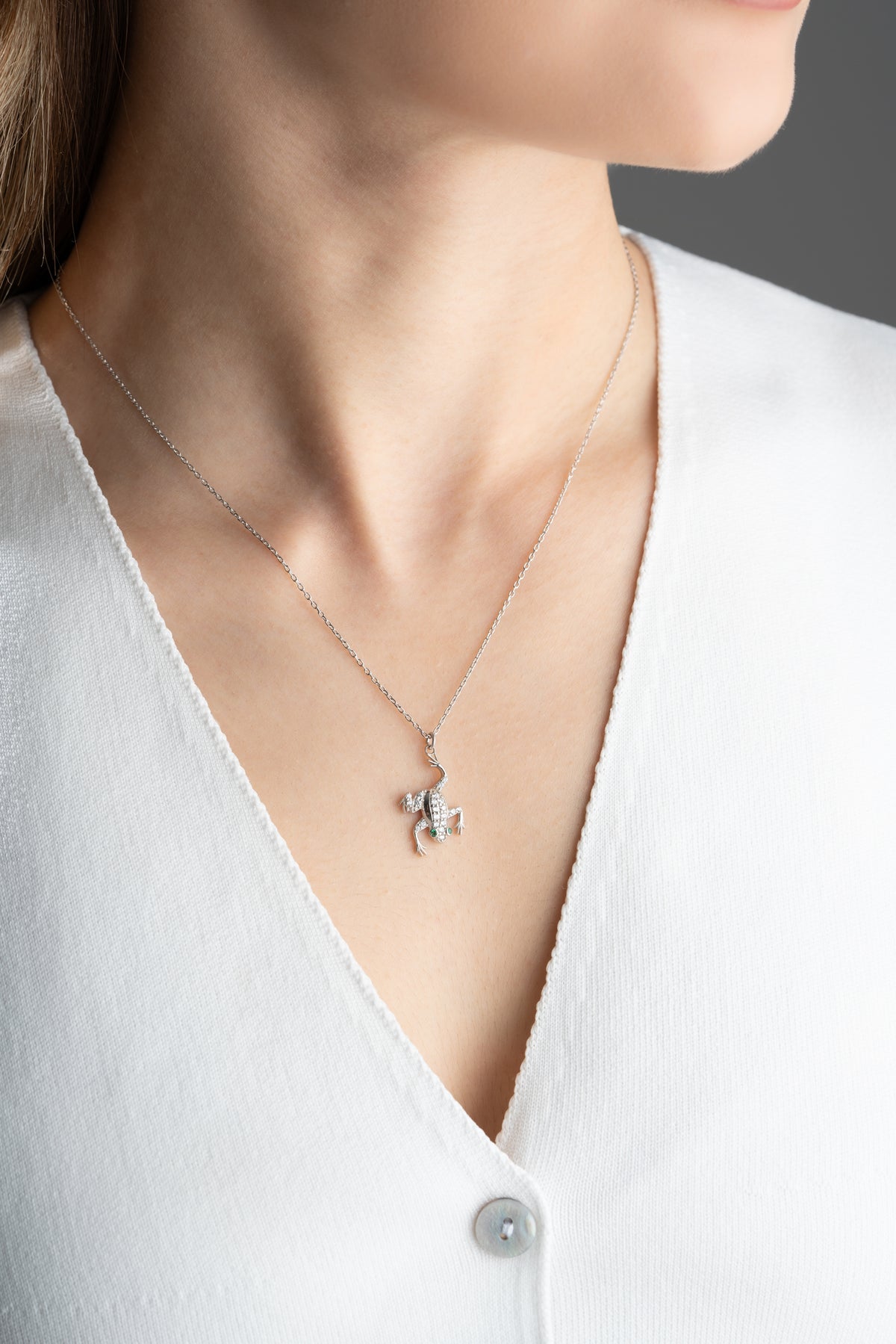 Pave Frog Charm Necklace in Silver