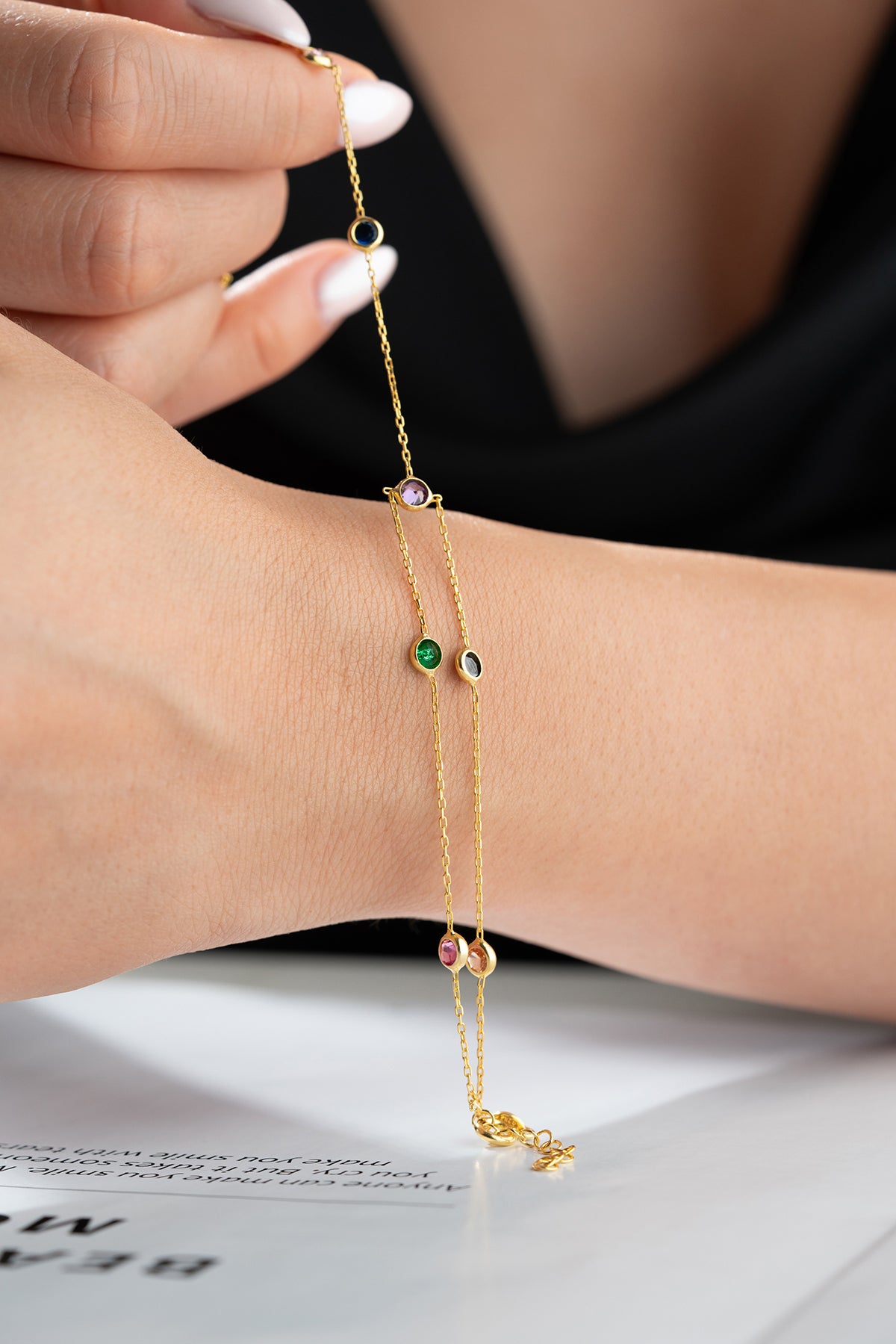 Rainbow Gemstone Gold Hand Chain Bracelet