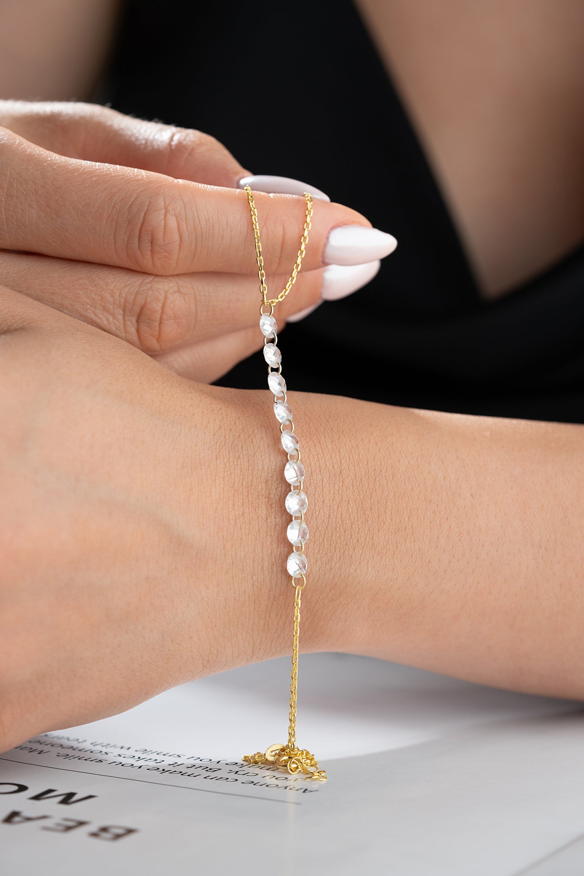 Gold Crystal Bead Hand Chain Bracelet