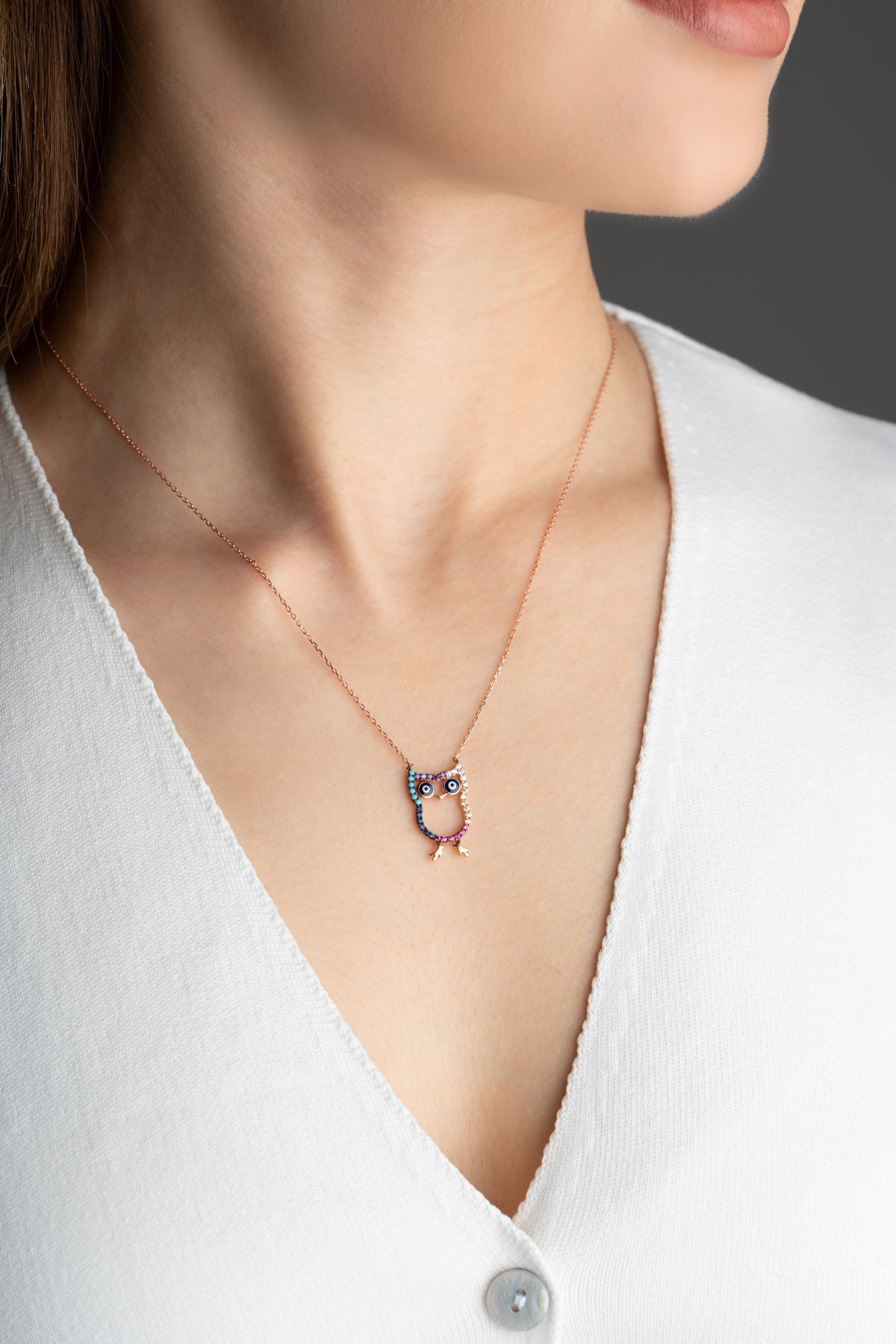 Rainbow Pave Owl Pendant Necklace