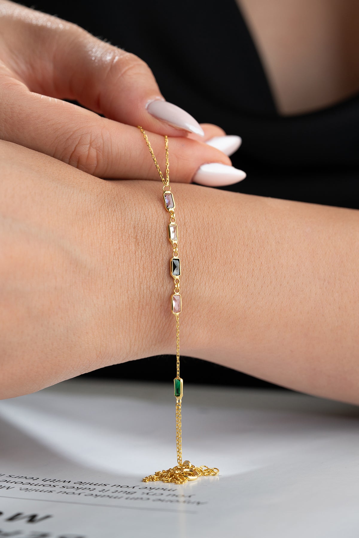 Multicolor Baguette Gemstone Hand Chain Bracelet