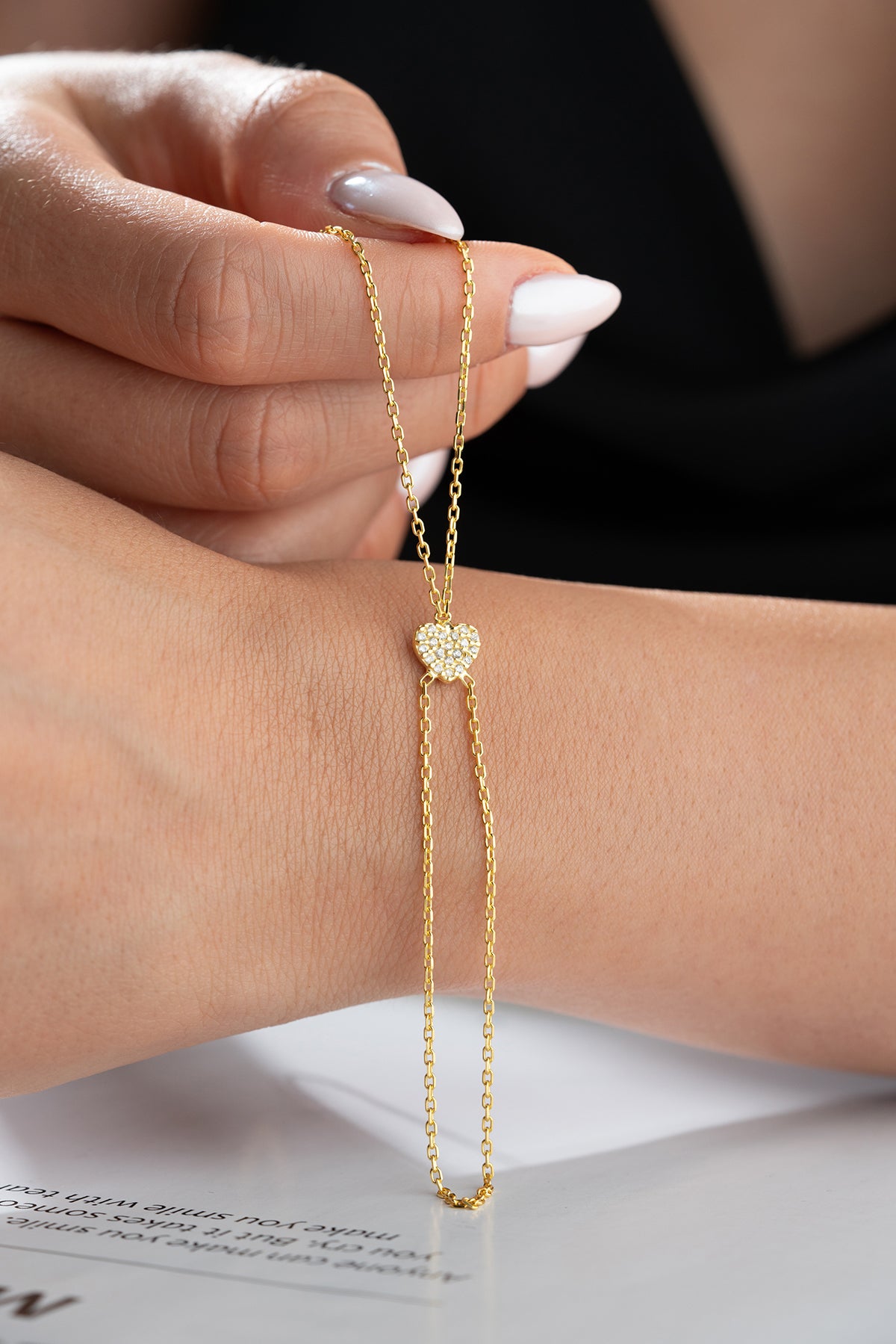 Pave Heart Hand Chain Bracelet