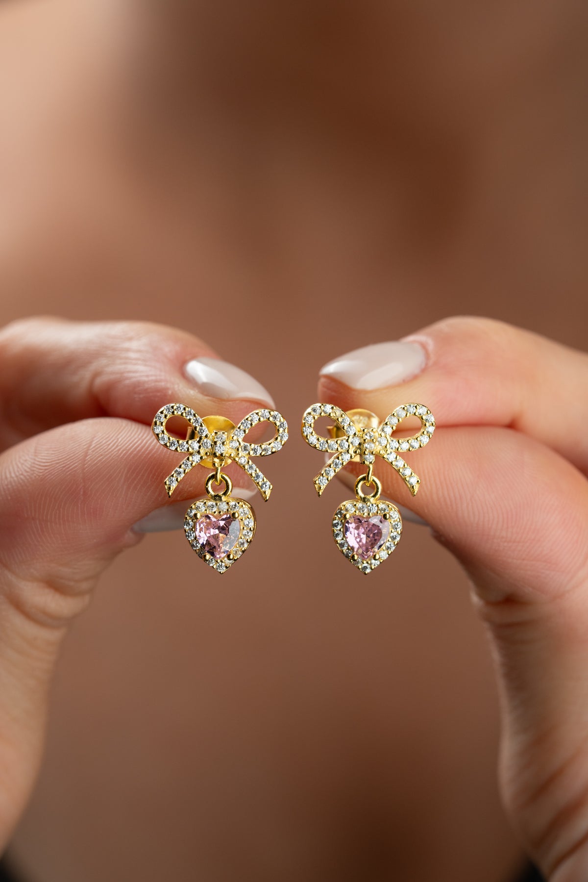 Pink Heart Bow Drop Earrings