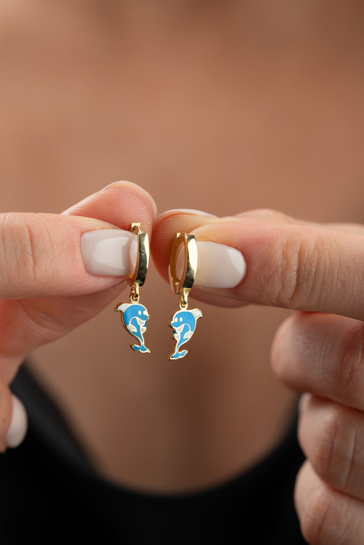 Blue Enamel Dolphin Huggie Hoop Earrings