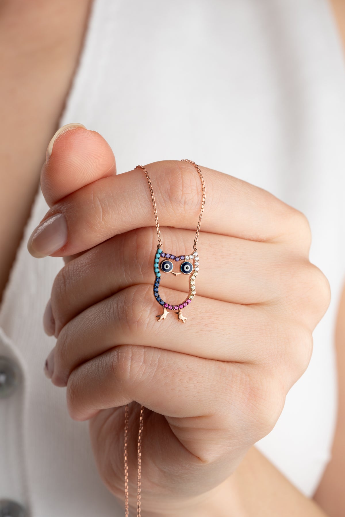 Rainbow Pave Owl Pendant Necklace