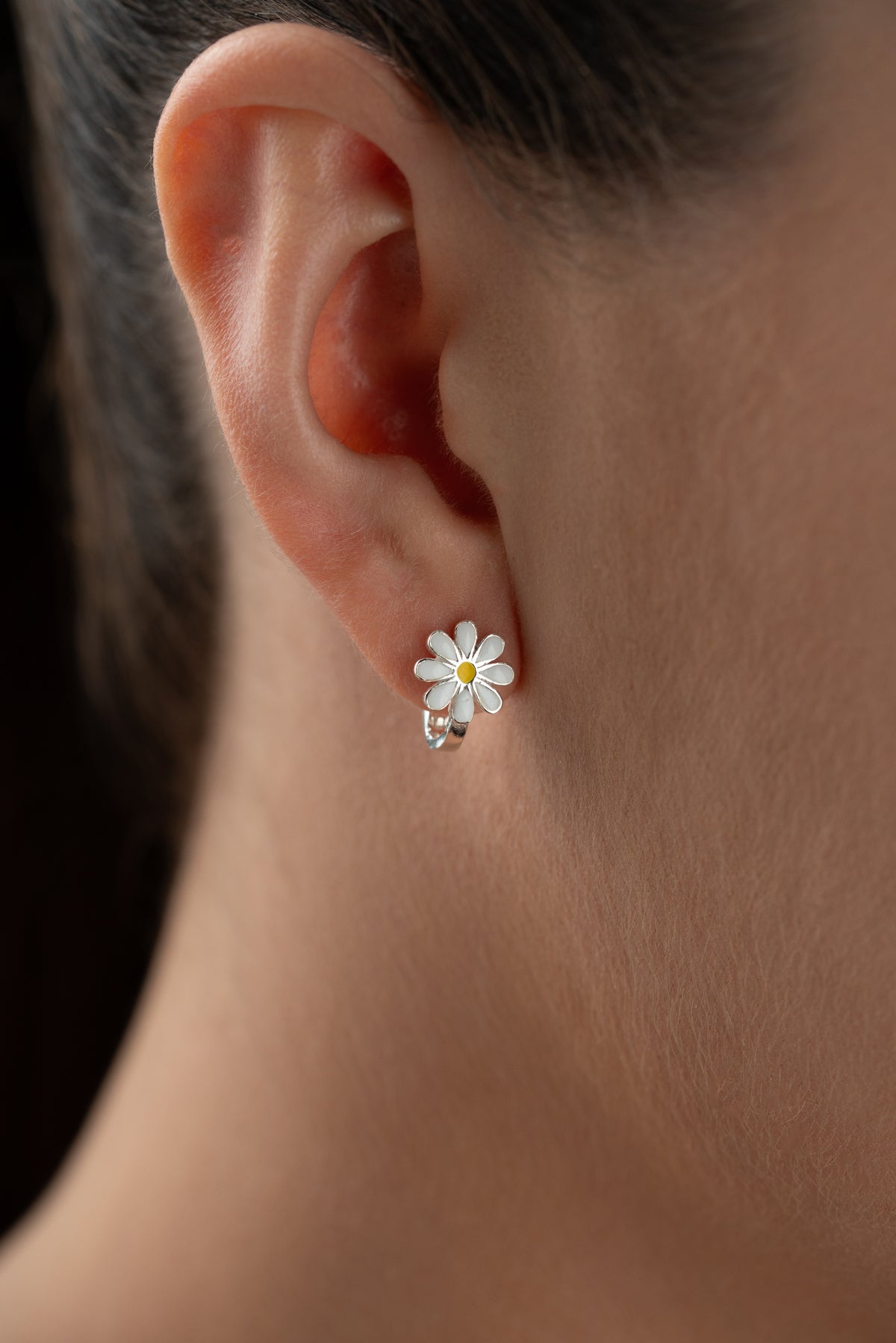 White Daisy Enamel Huggie Earrings