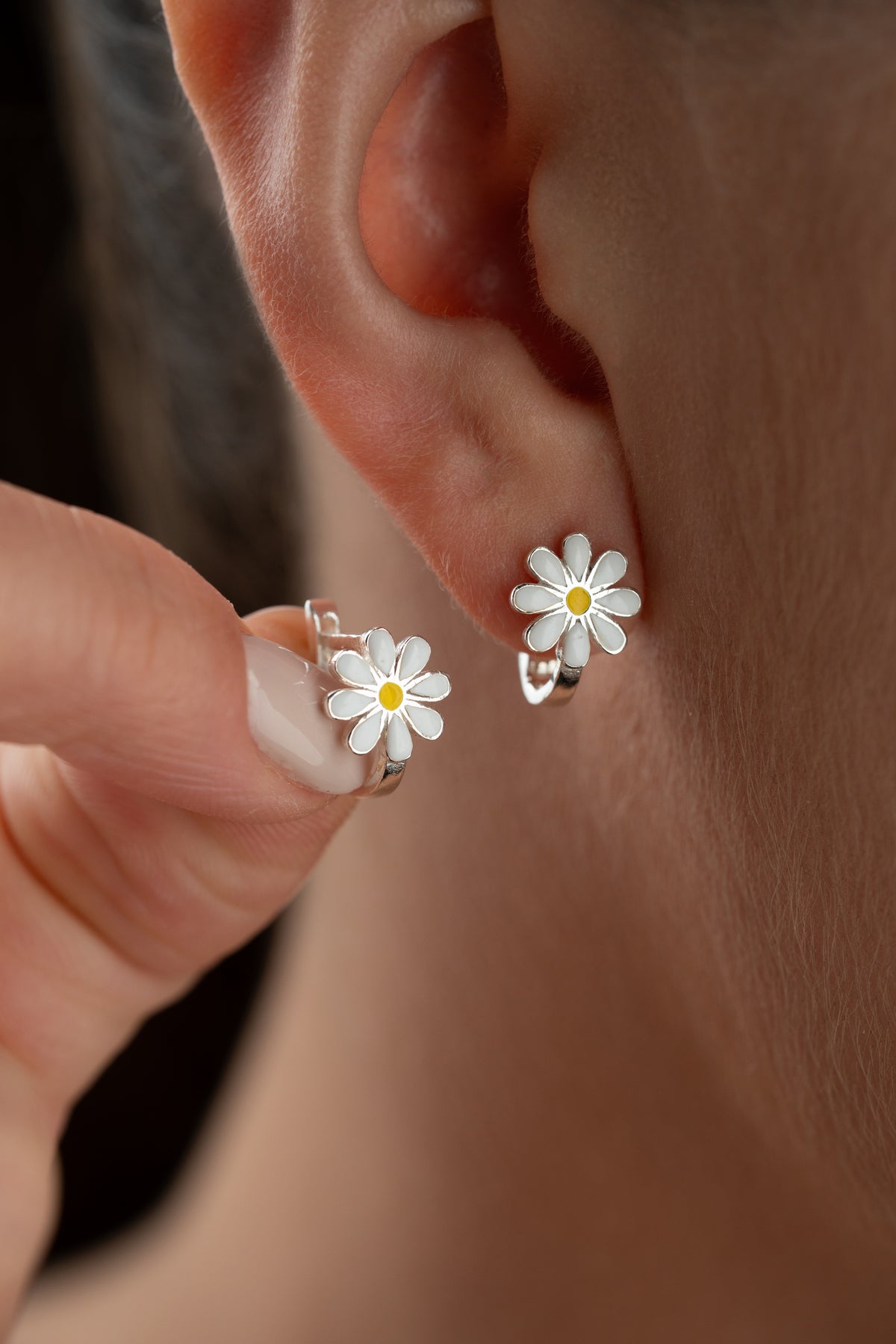White Daisy Enamel Huggie Earrings