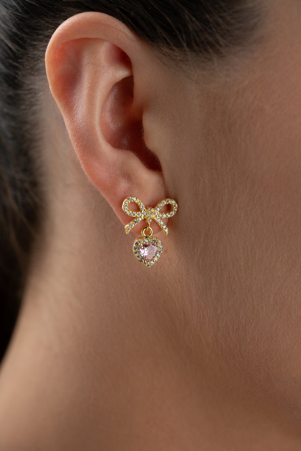 Pink Heart Bow Drop Earrings