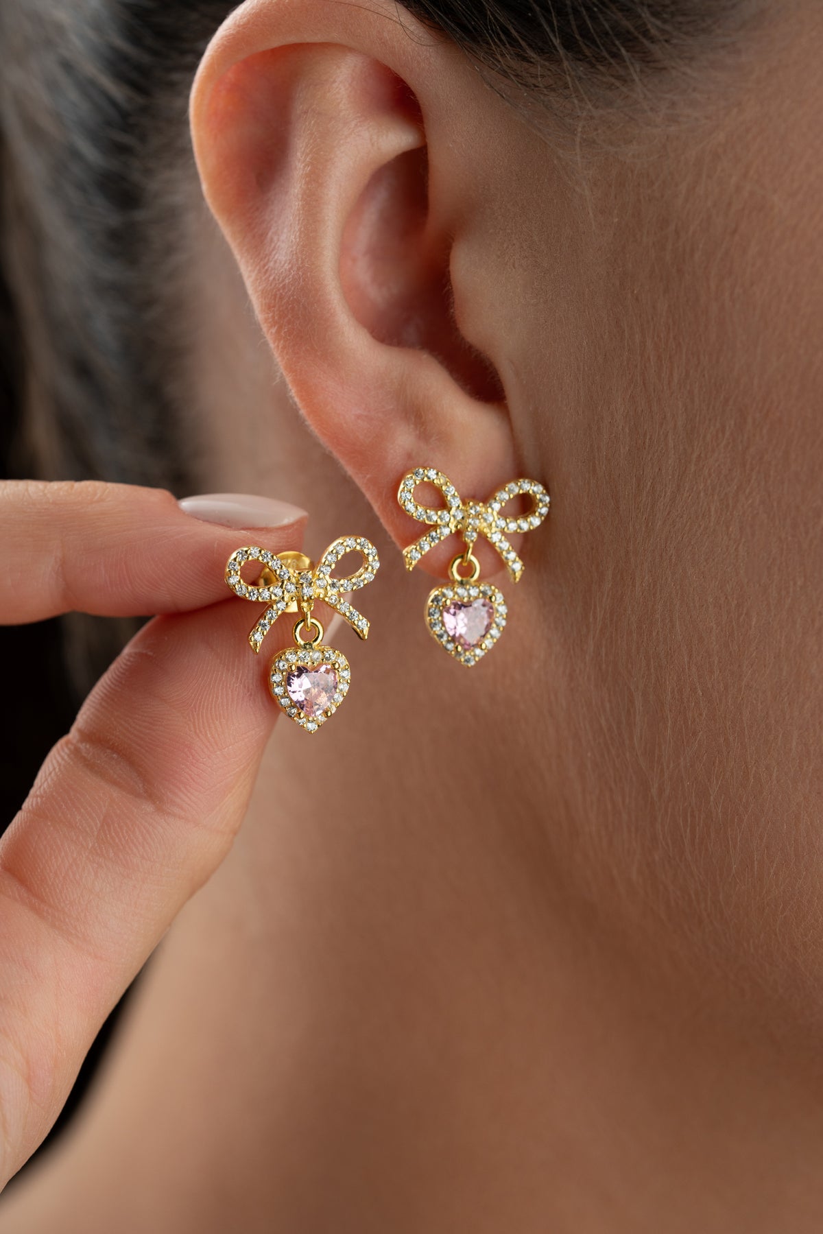 Pink Heart Bow Drop Earrings