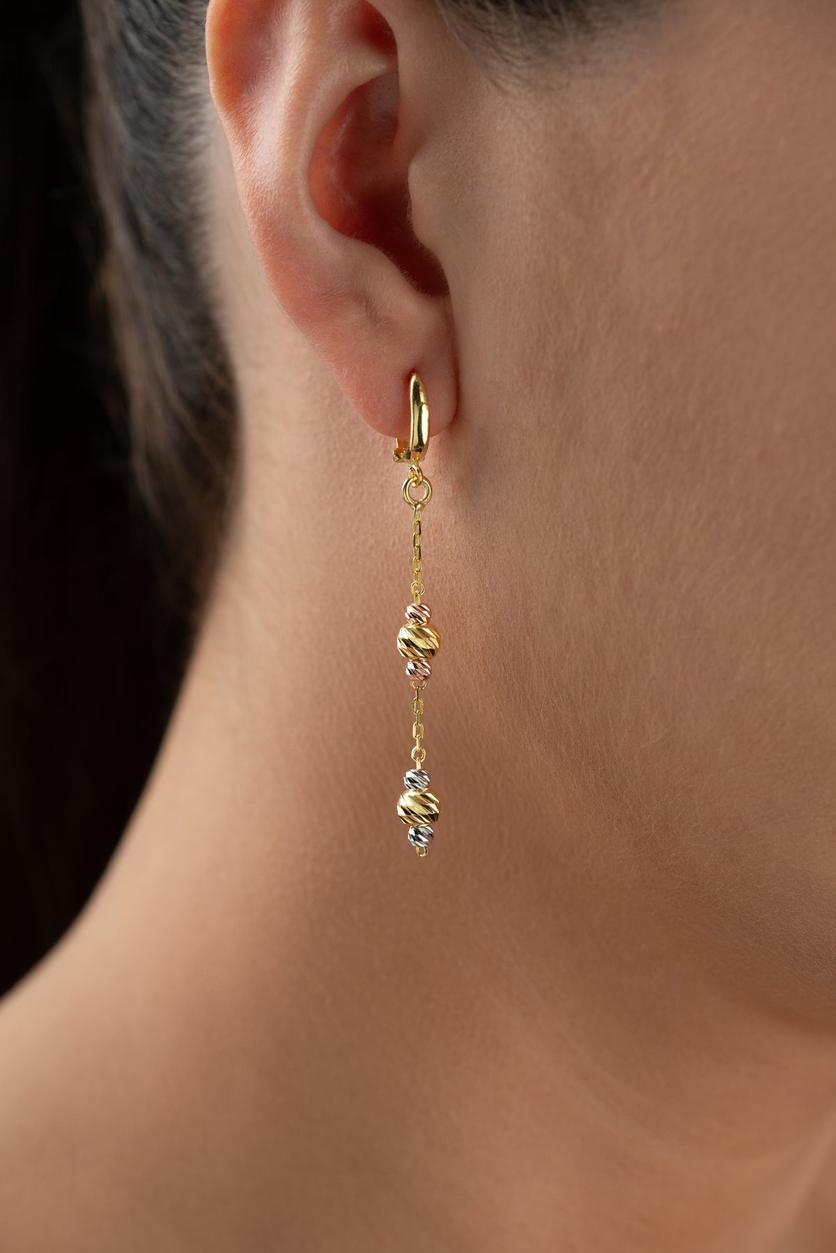 Tri-Tone Gold Bead Drop Earrings