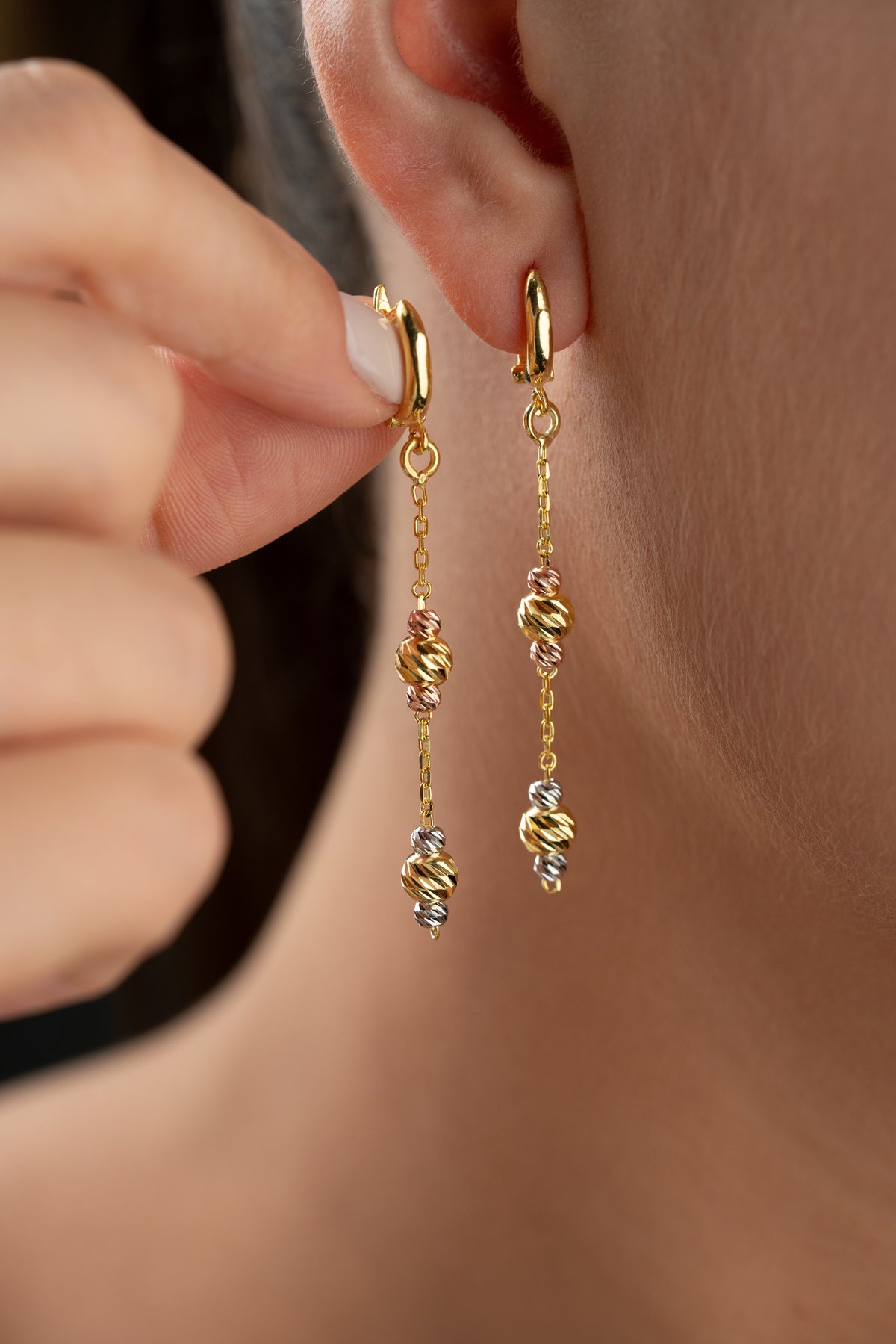 Tri-Tone Gold Bead Drop Earrings