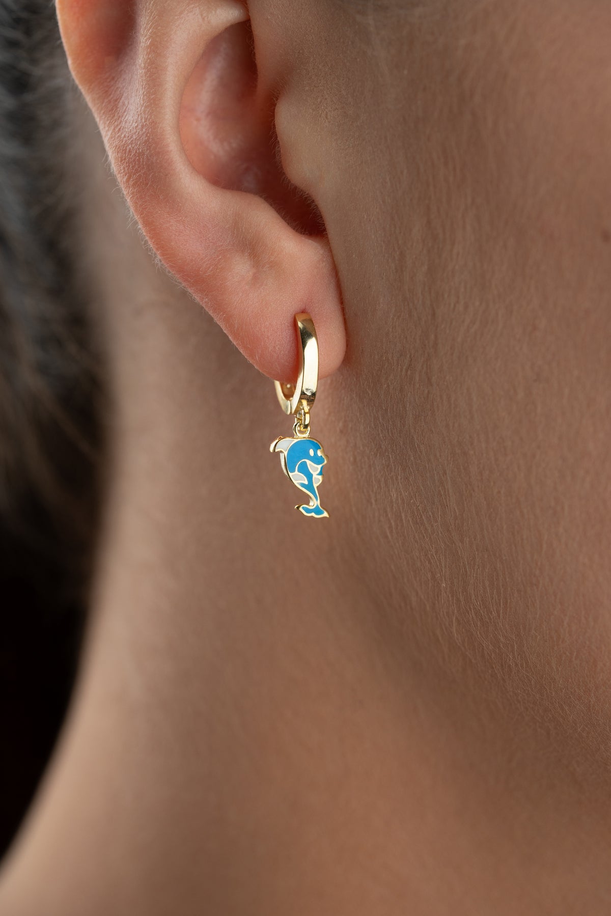 Blue Enamel Dolphin Huggie Hoop Earrings