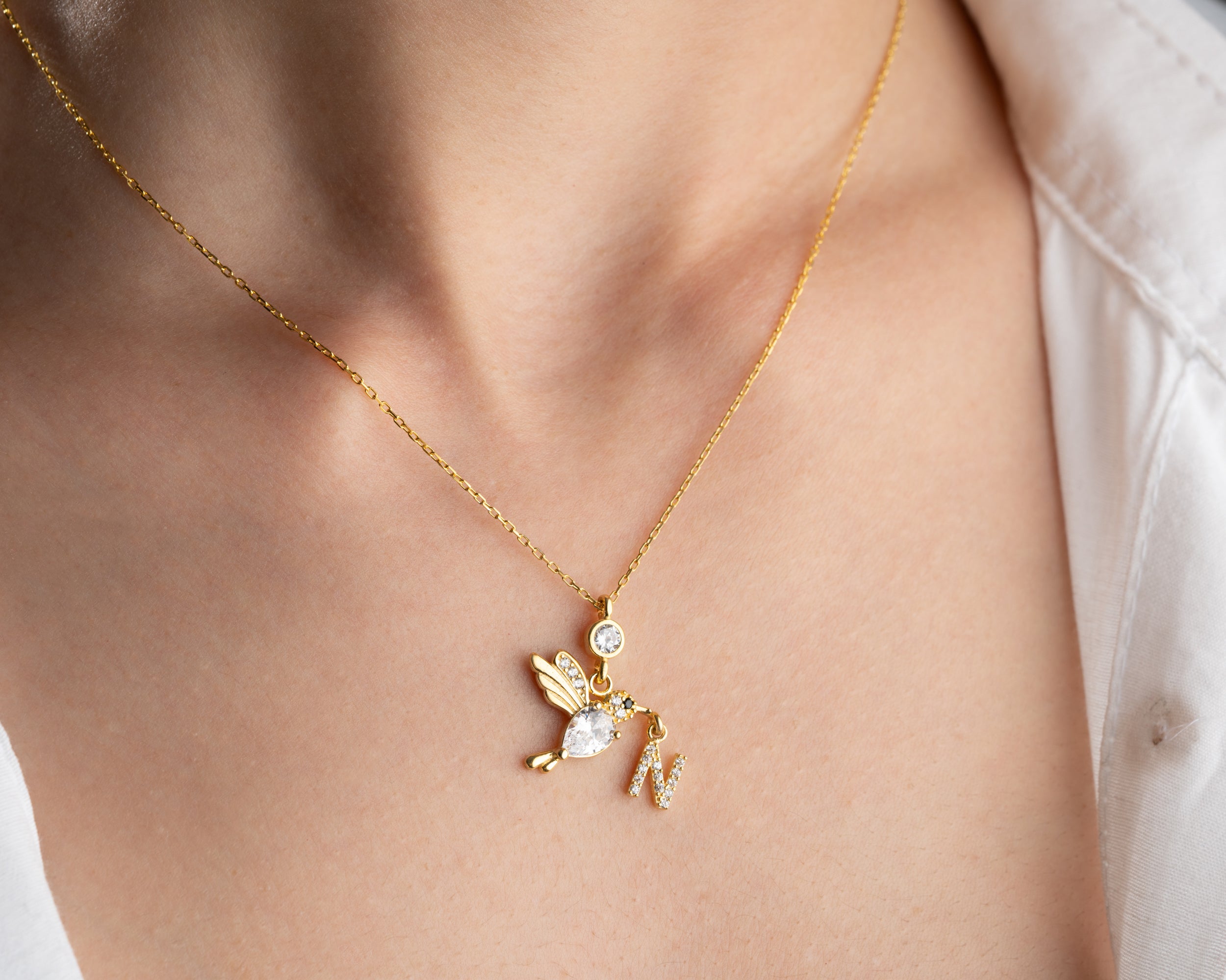 Custom Hummingbird Initial Birthstone Necklace