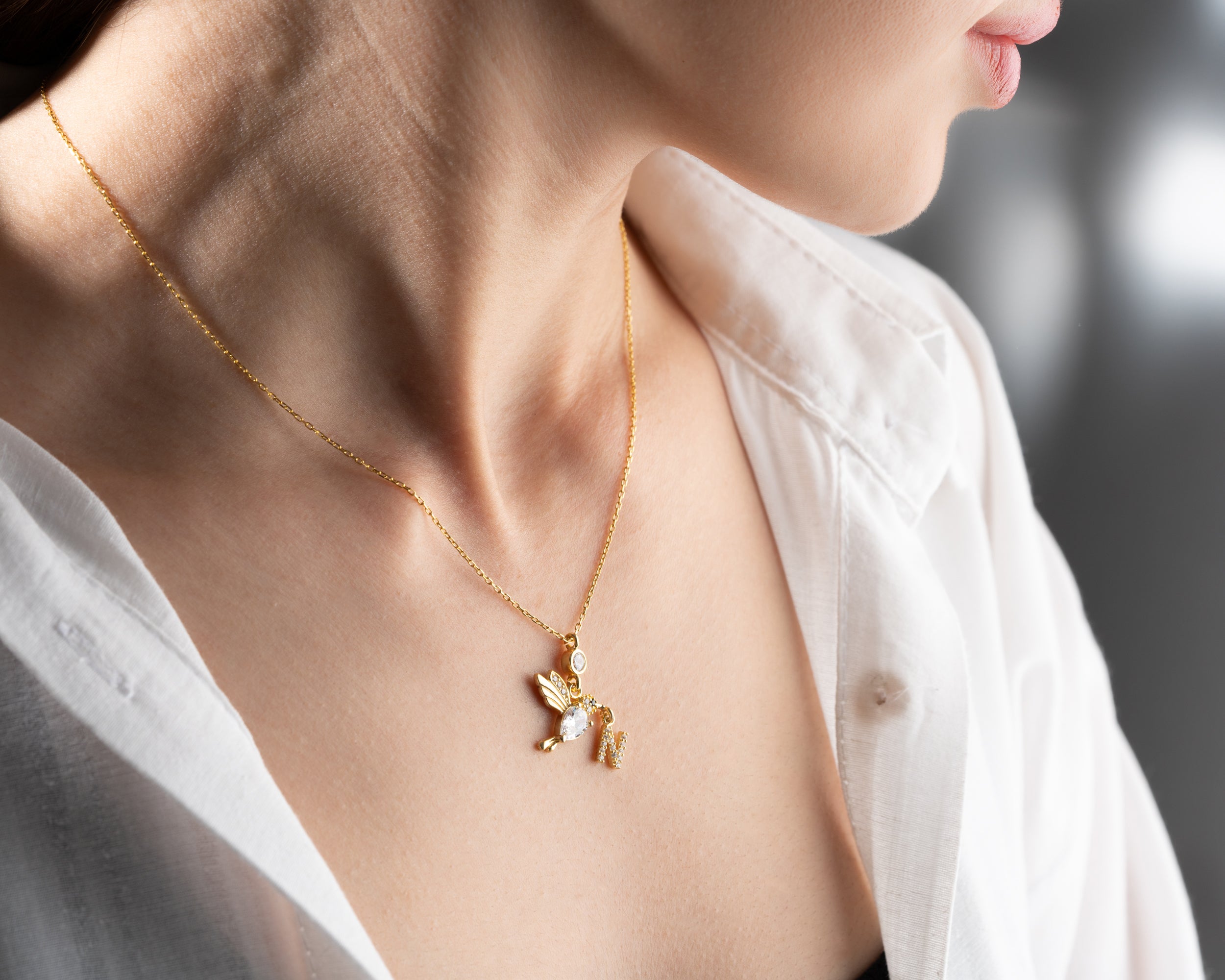 Custom Hummingbird Initial Birthstone Necklace