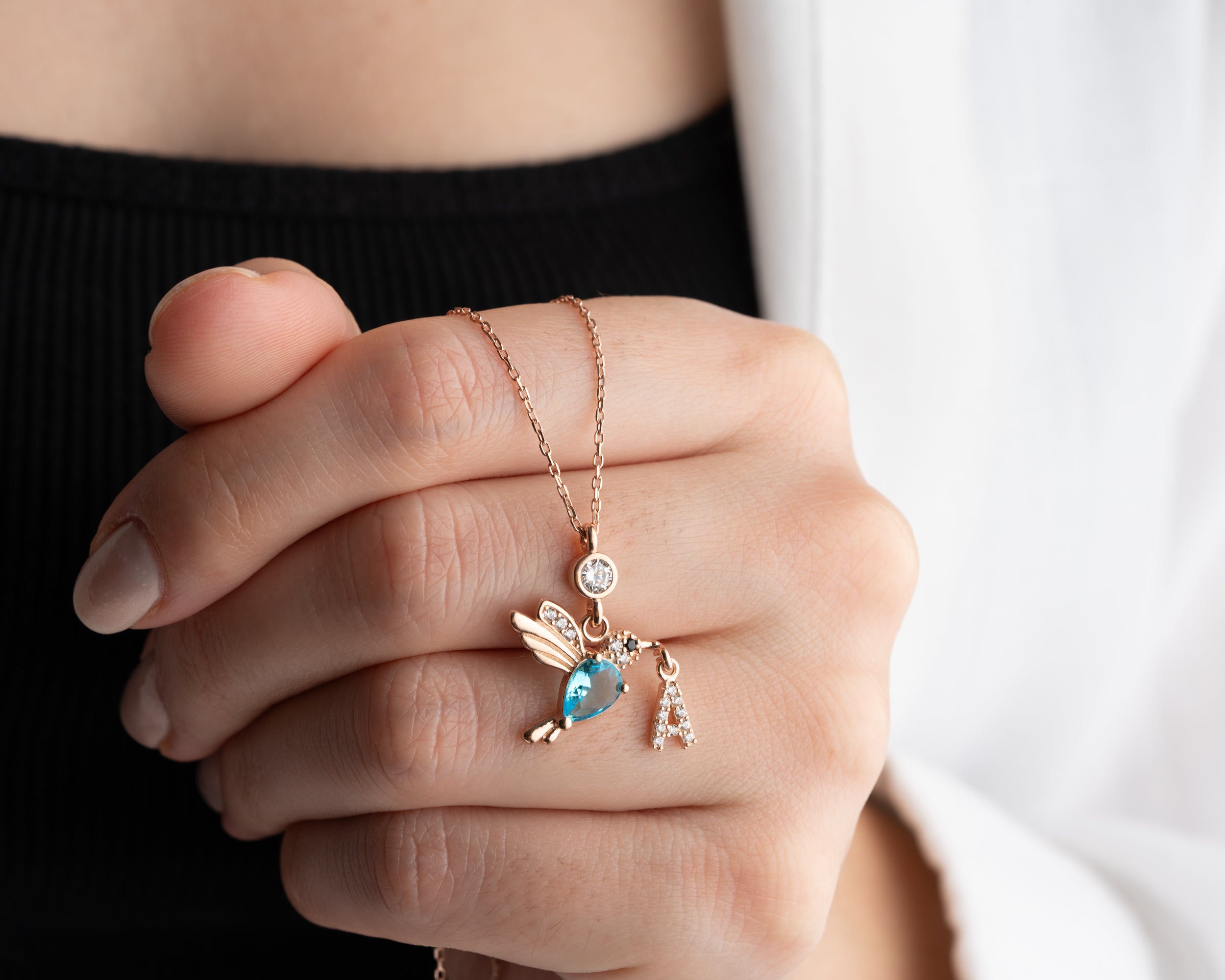 Custom Hummingbird Initial Birthstone Necklace