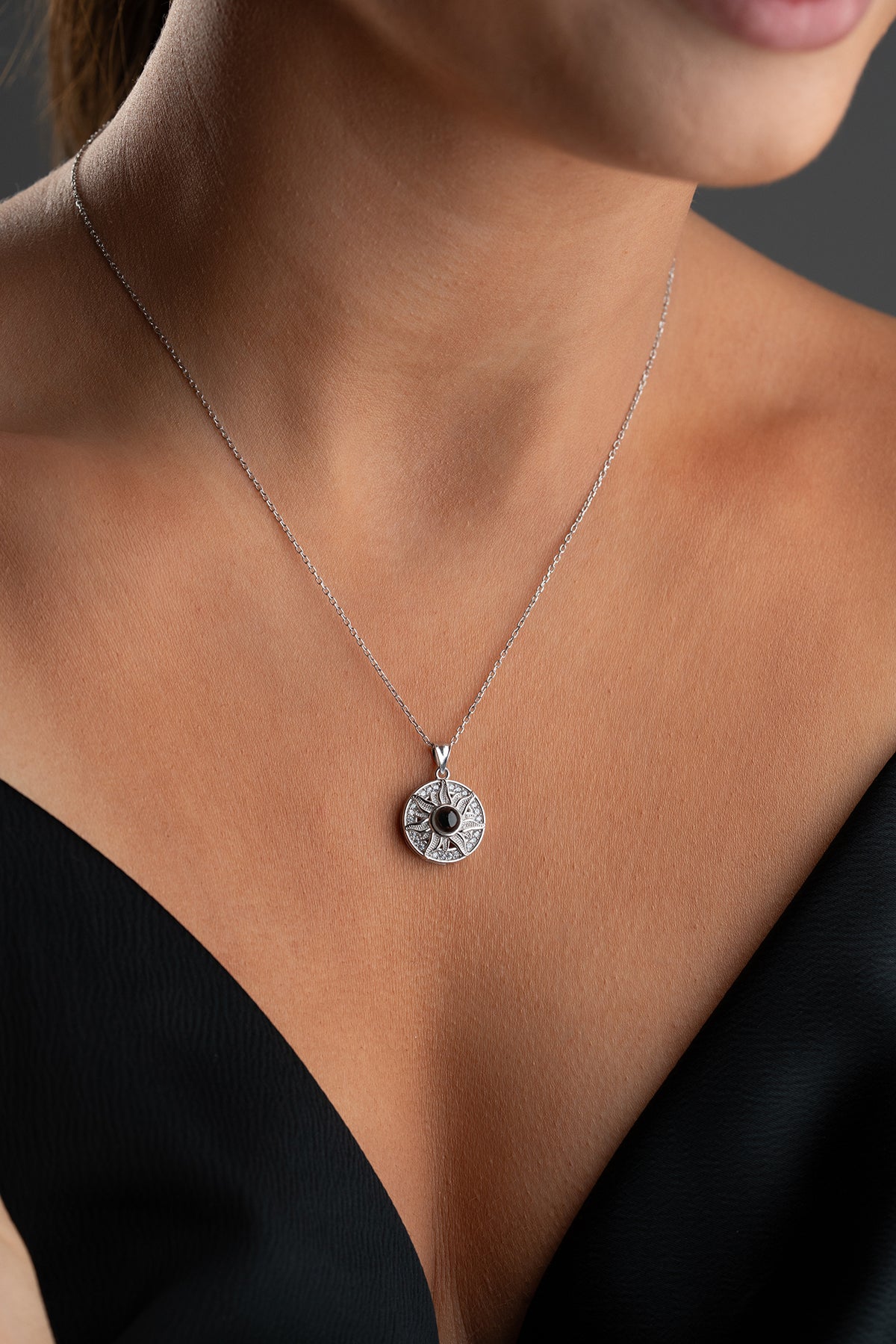 Sun Medallion Necklace with Black Stone