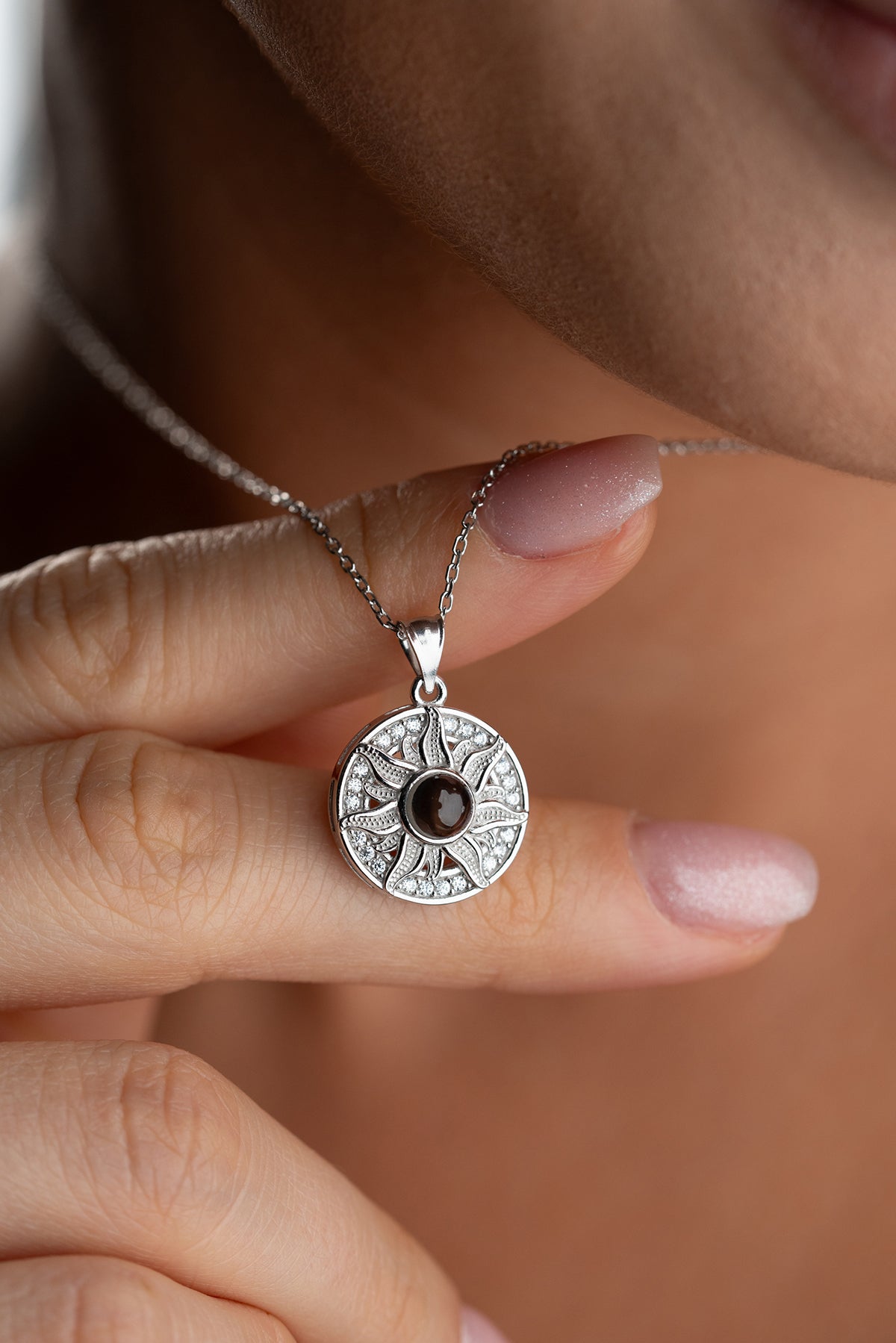 Sun Medallion Necklace with Black Stone