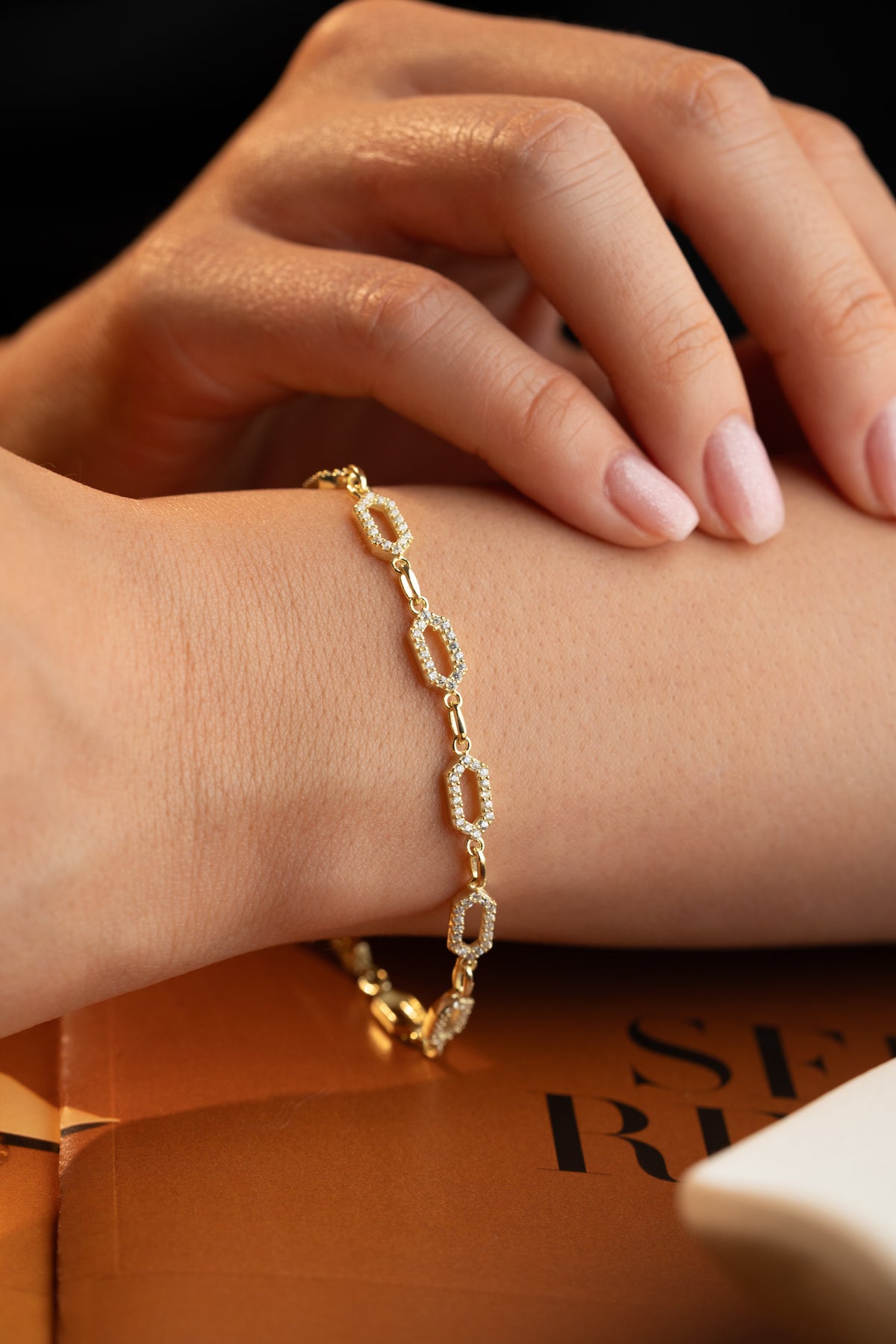 Pave Crystal Hexagon Link Bracelet in Gold