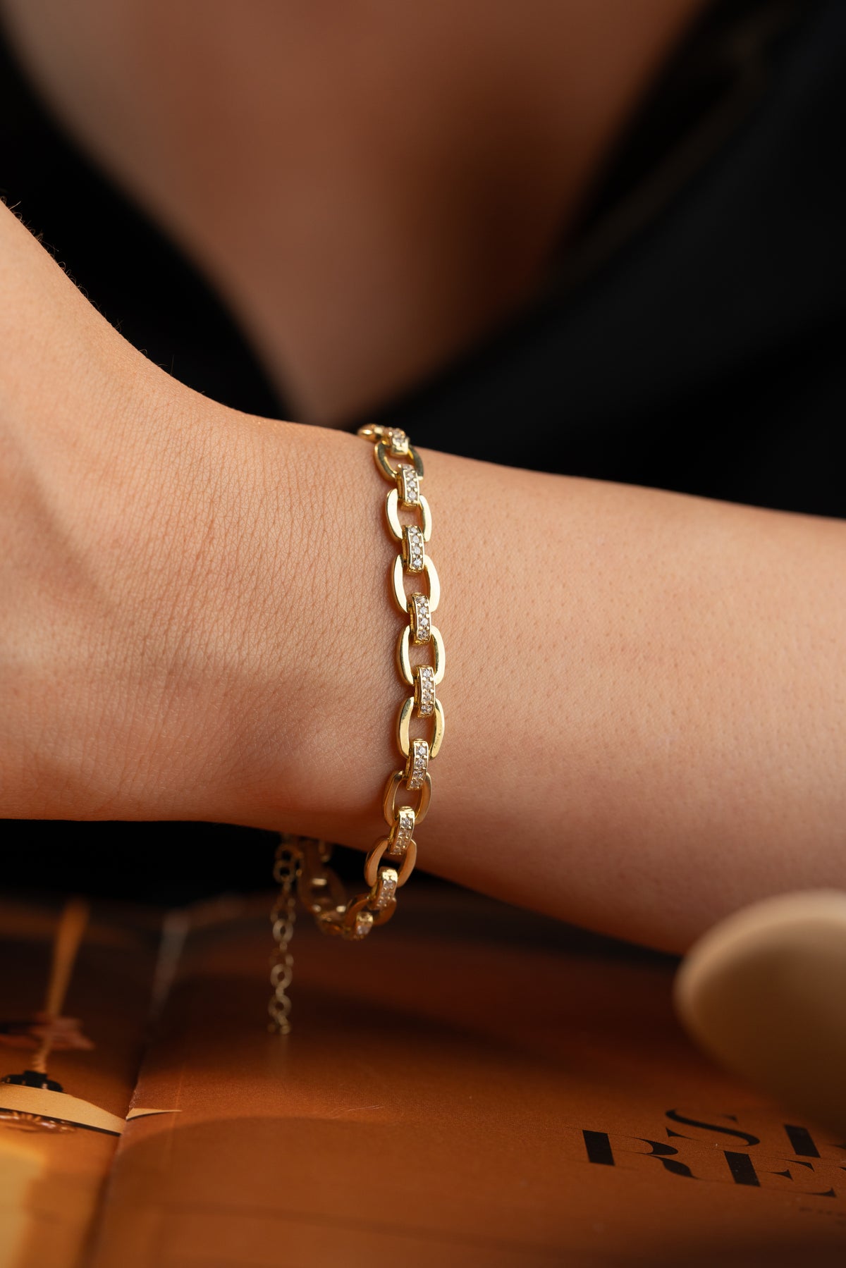 Pave Bar Link Bracelet in Gold