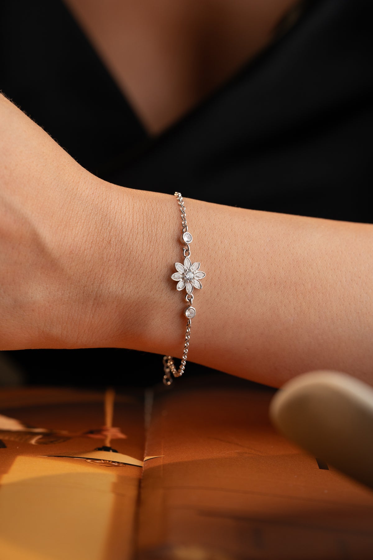 Crystal Flower Charm Bracelet in Silver