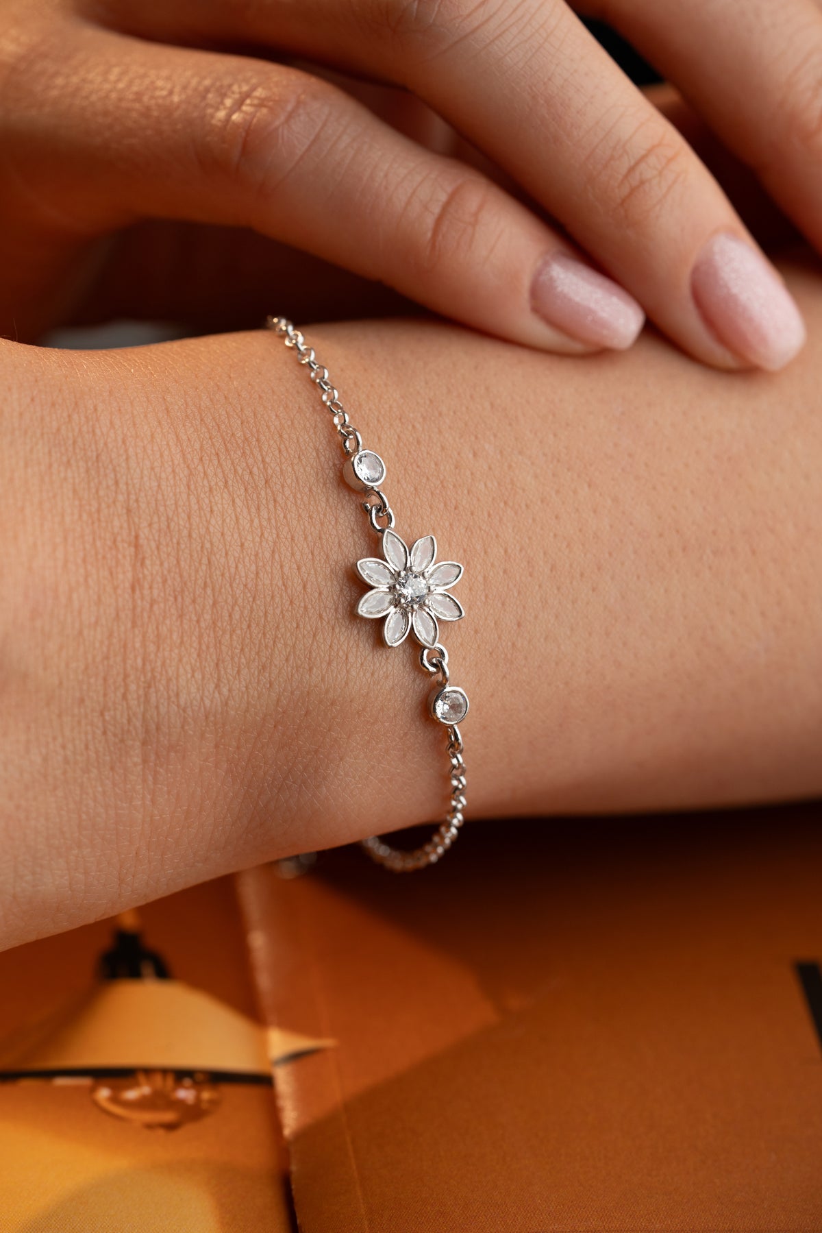 Crystal Flower Charm Bracelet in Silver
