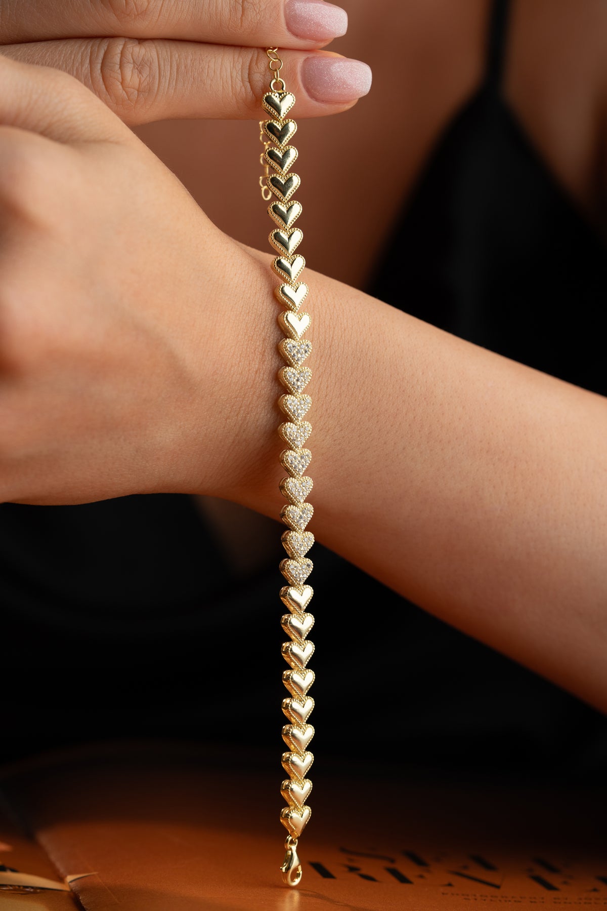 Pave Heart Link Chain Bracelet