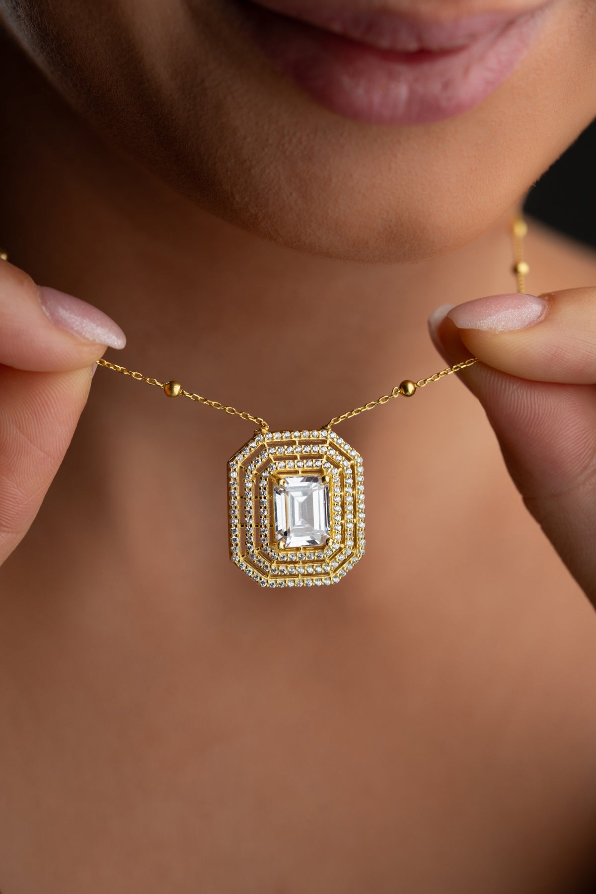 Emerald Cut Halo Pendant Necklace