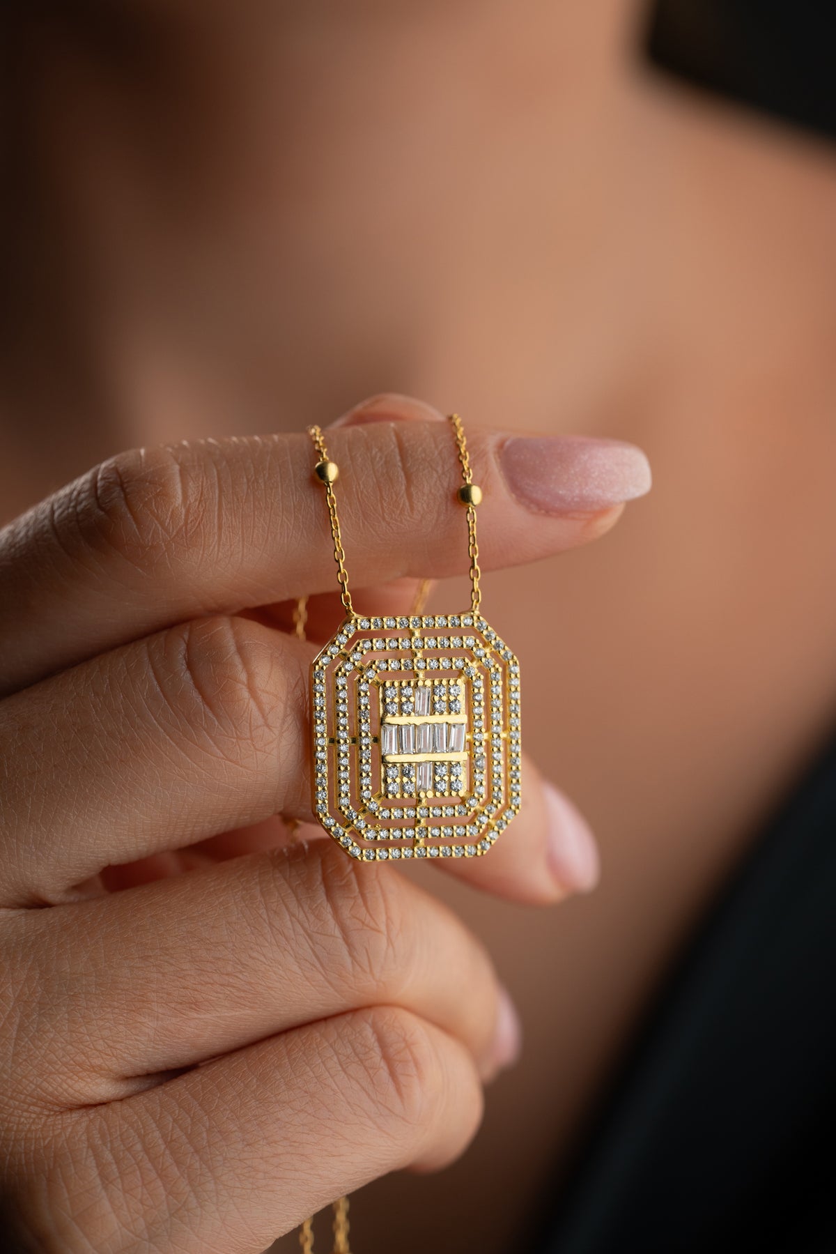 Art Deco Baguette Crystal Pendant Necklace
