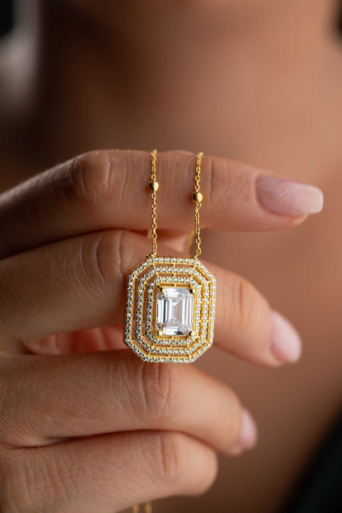 Emerald Cut Halo Pendant Necklace