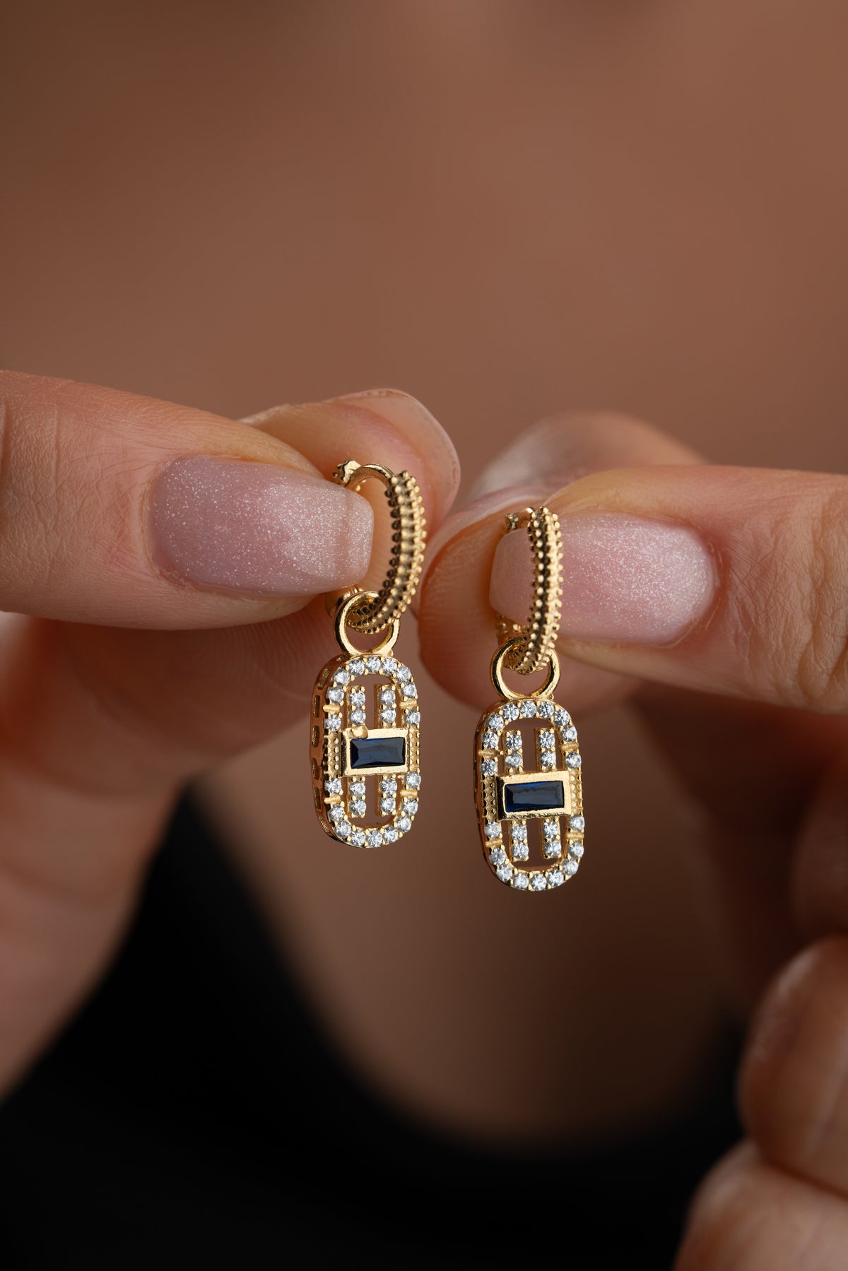 Navy Blue Stone Drop Huggie Earrings