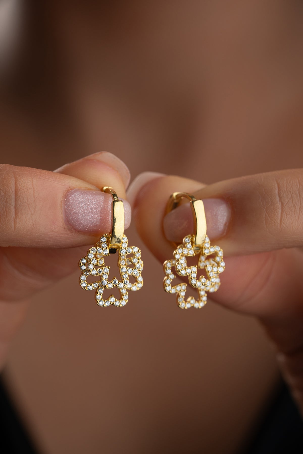 Pave Flower Charm Hoop Earrings